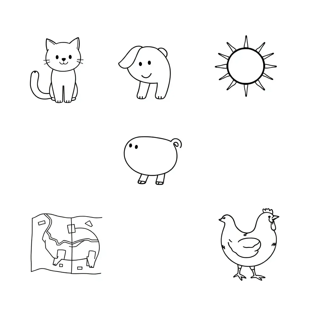 Black-and-white phonics worksheet illustration