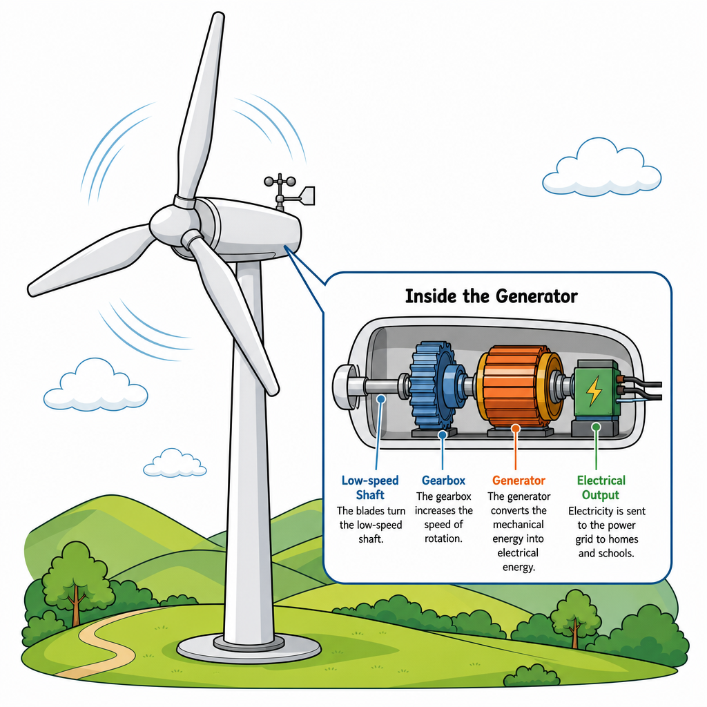 Solar panels and wind turbines in a sunny landscape