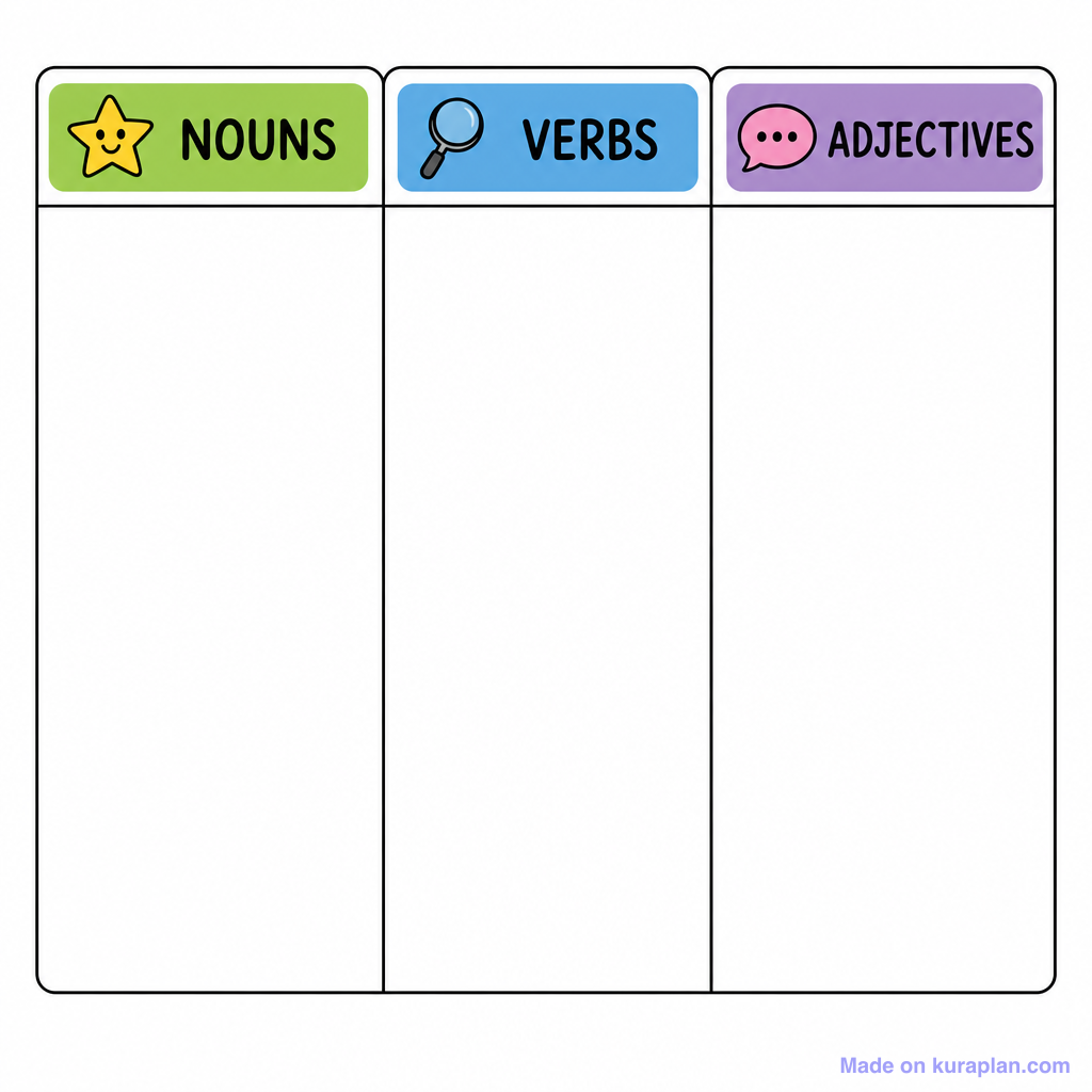 Grammar Noun Verb Adjective Sort Table