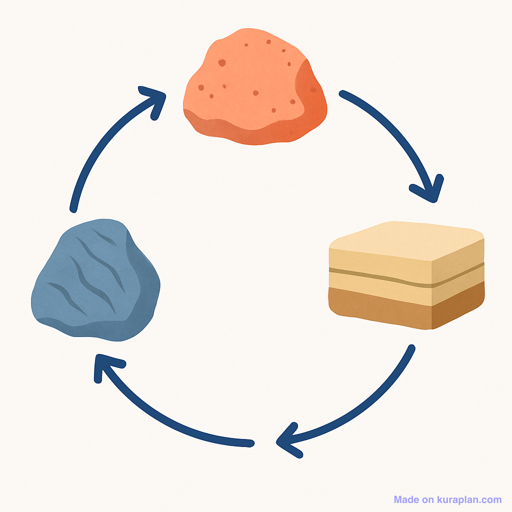 Blank, unlabeled rock cycle diagram with arrows between the three rock types, ready for students to label