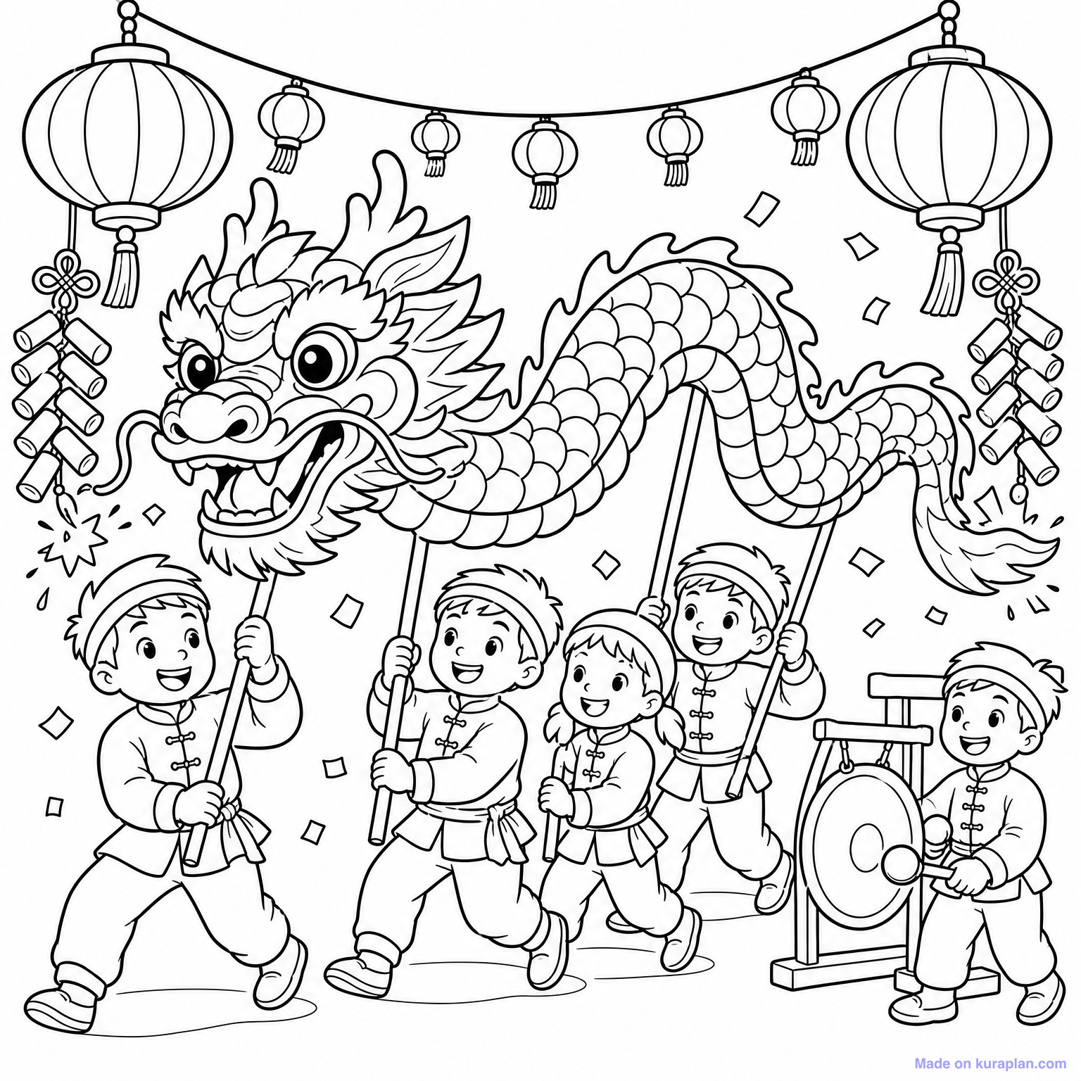 Lunar New Year Dragon Dance — Coloring Page — Free Printable Clipart ...