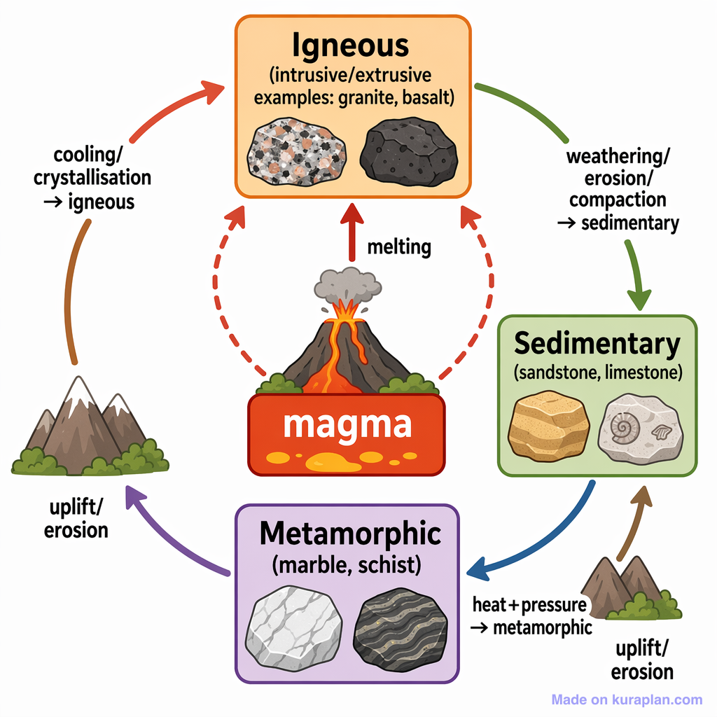 Simple rock cycle diagram with igneous, sedimentary and metamorphic rocks arranged around a central magma and volcano illustration
