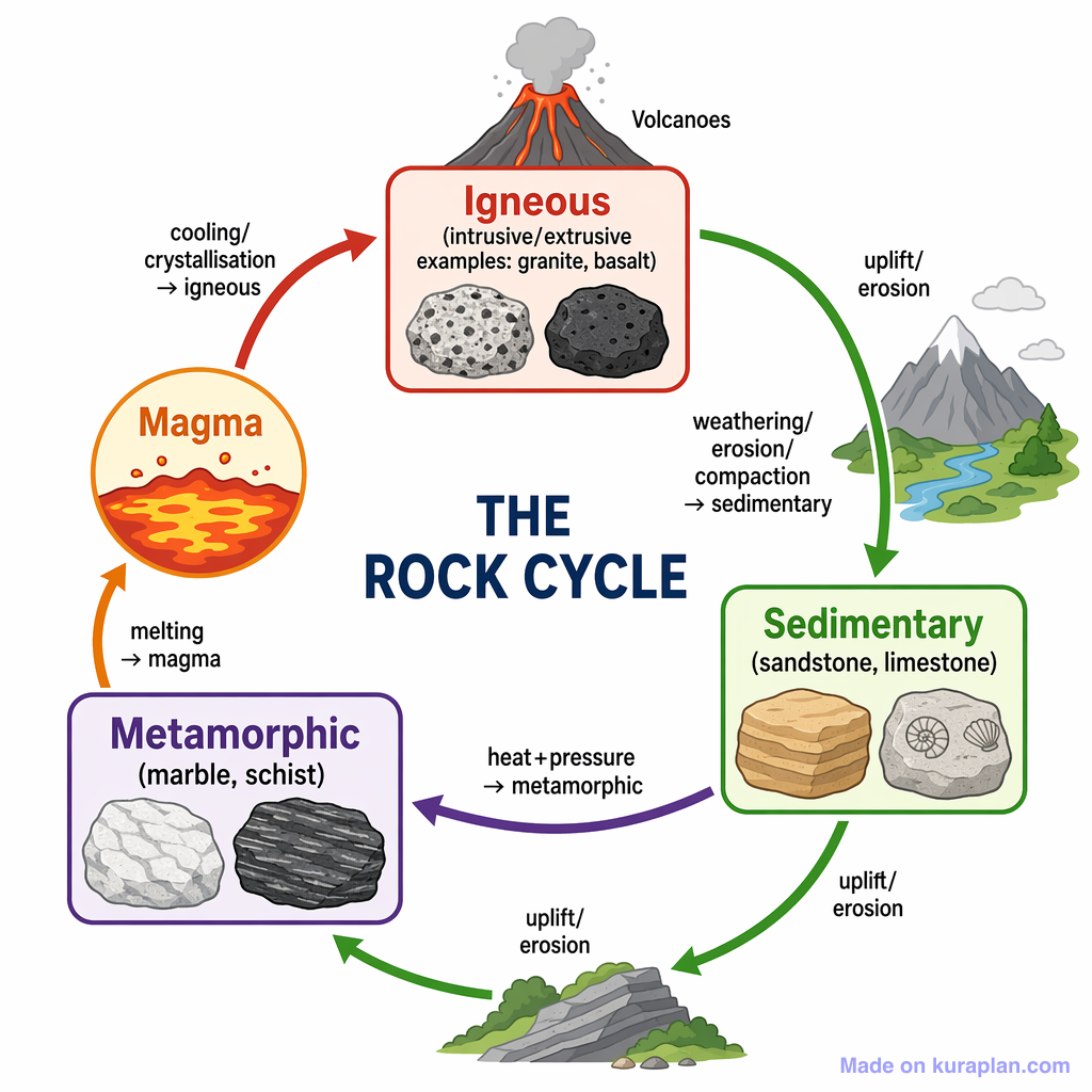 Labeled rock cycle diagram showing igneous, sedimentary and metamorphic rocks and magma, connected by arrows for cooling, weathering, erosion, compaction, heat and pressure, and melting