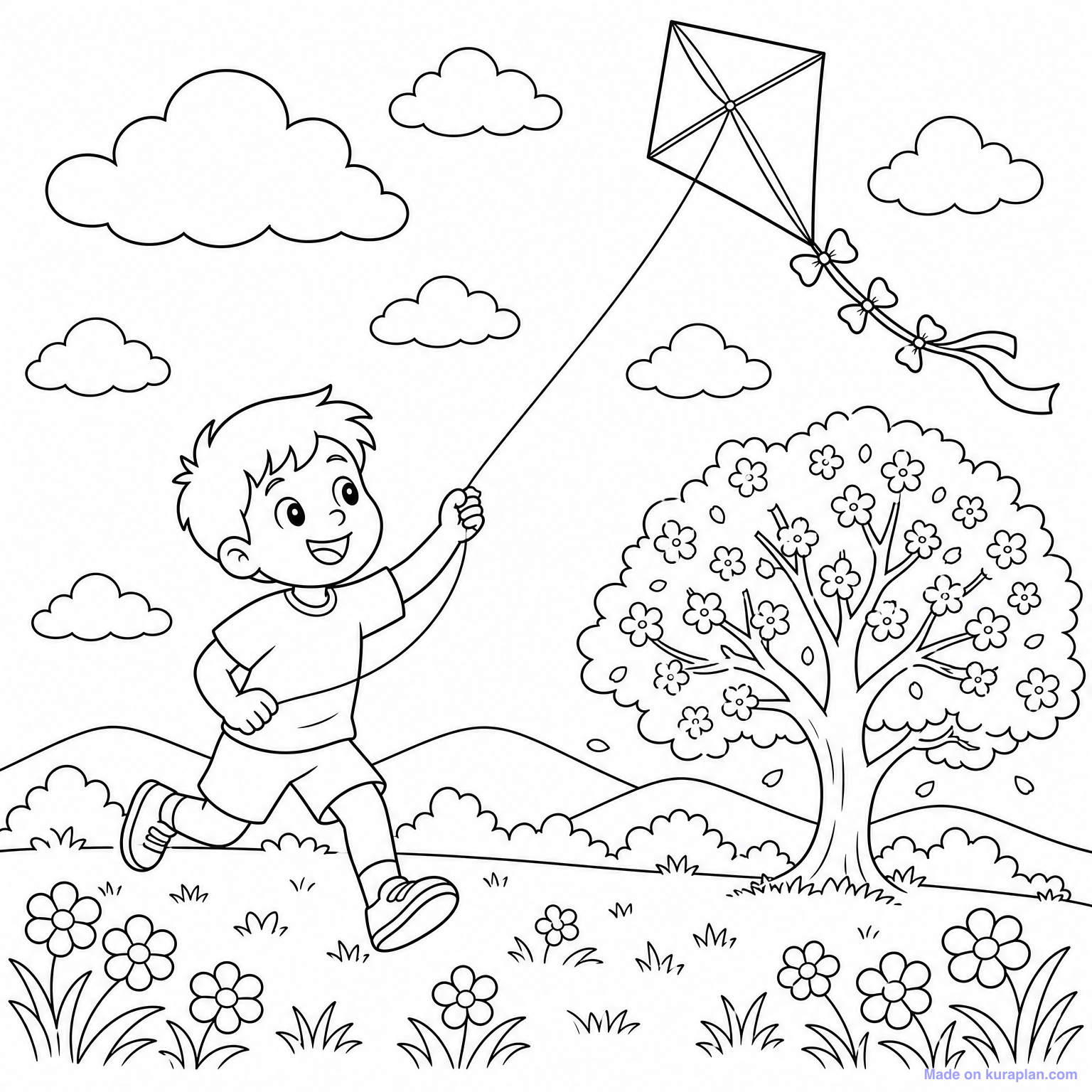 Kite Flying on Spring Day — Coloring Page — Free Printable Clipart for ...
