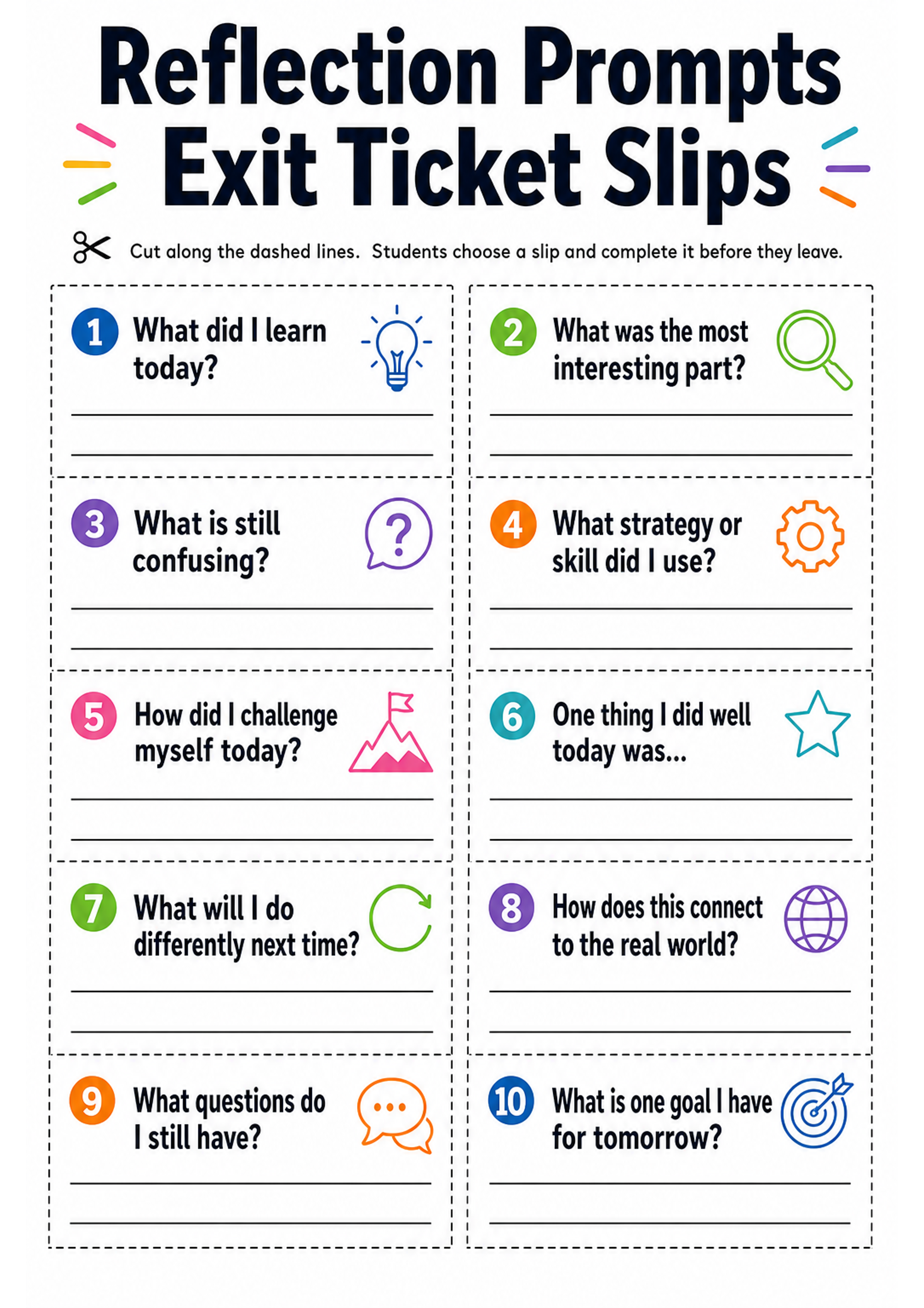 Reflection Prompts Exit Ticket Slips Printable