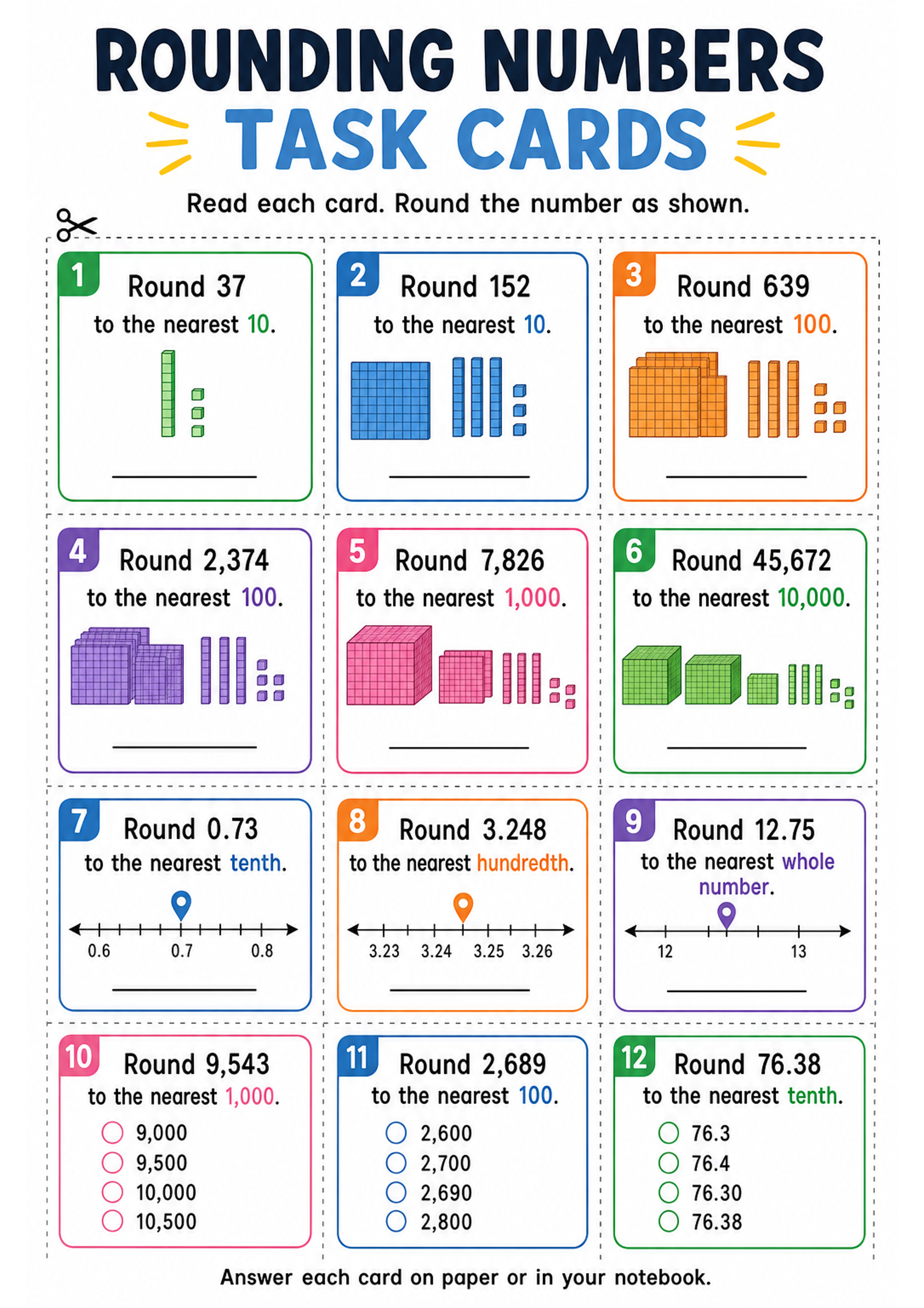 Rounding Numbers Task Cards Printable