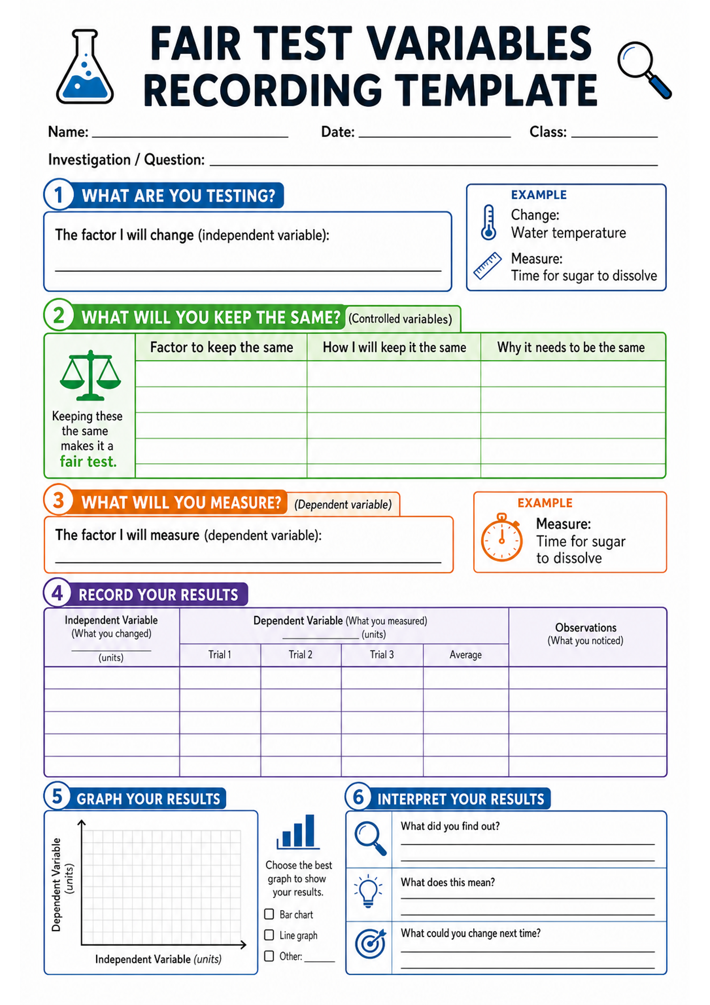 Fair Test Variables Recording Template Printable