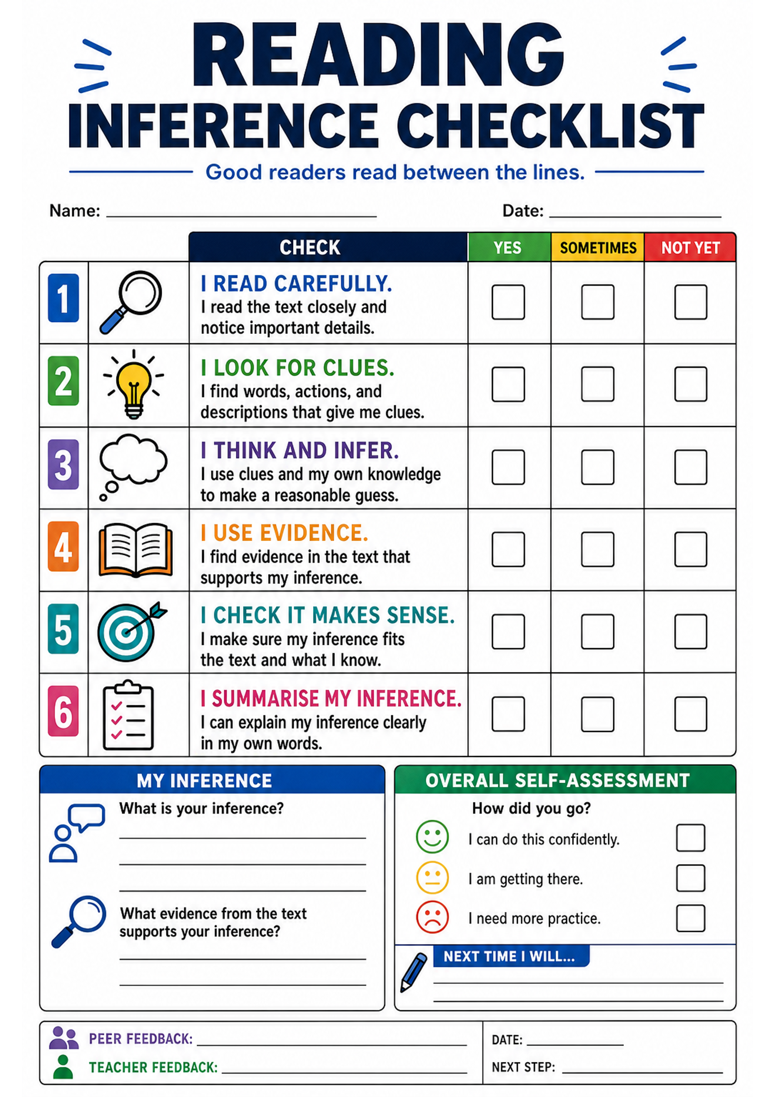 Reading Inference Checklist Printable