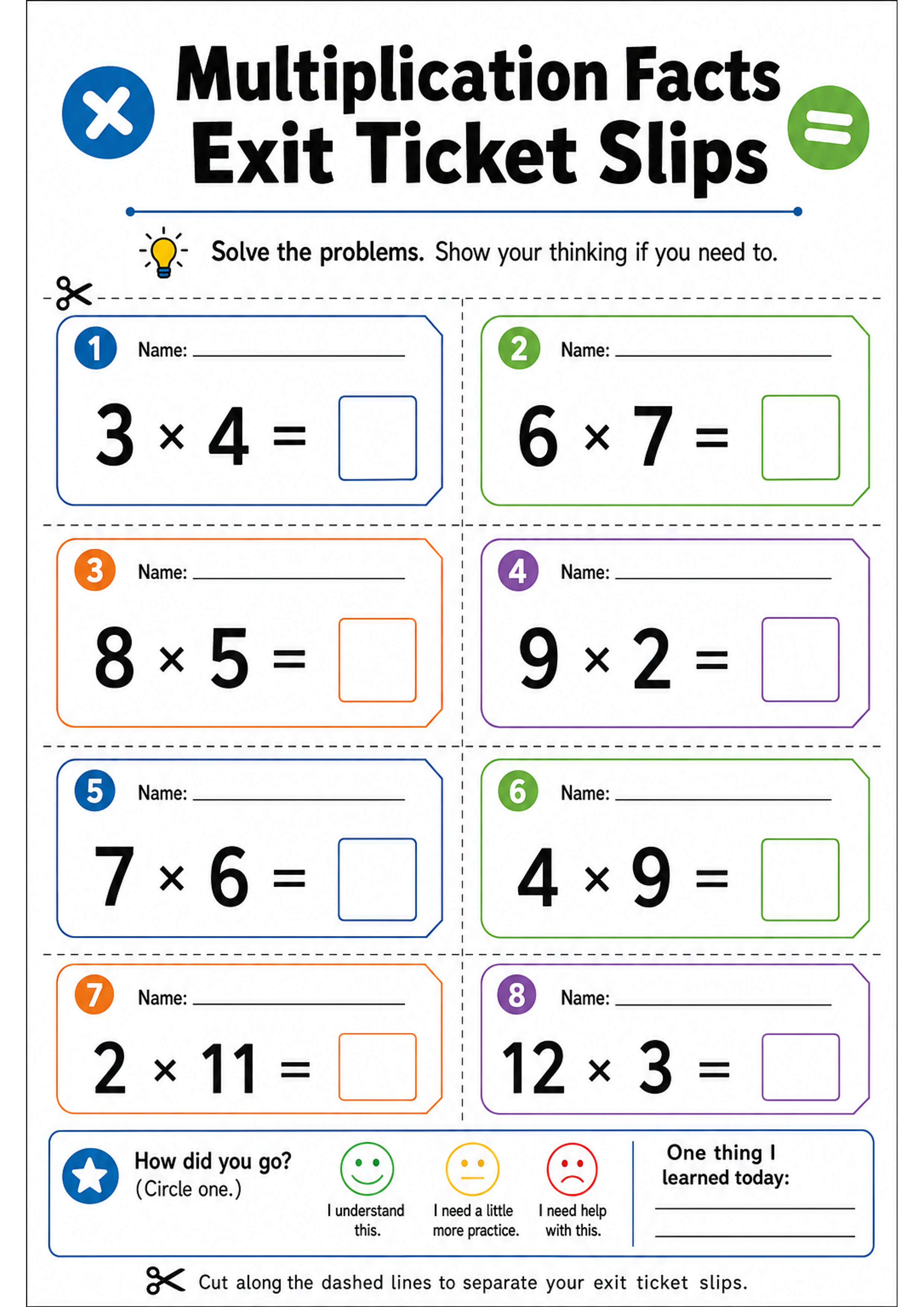Multiplication Facts Exit Ticket Slips Printable