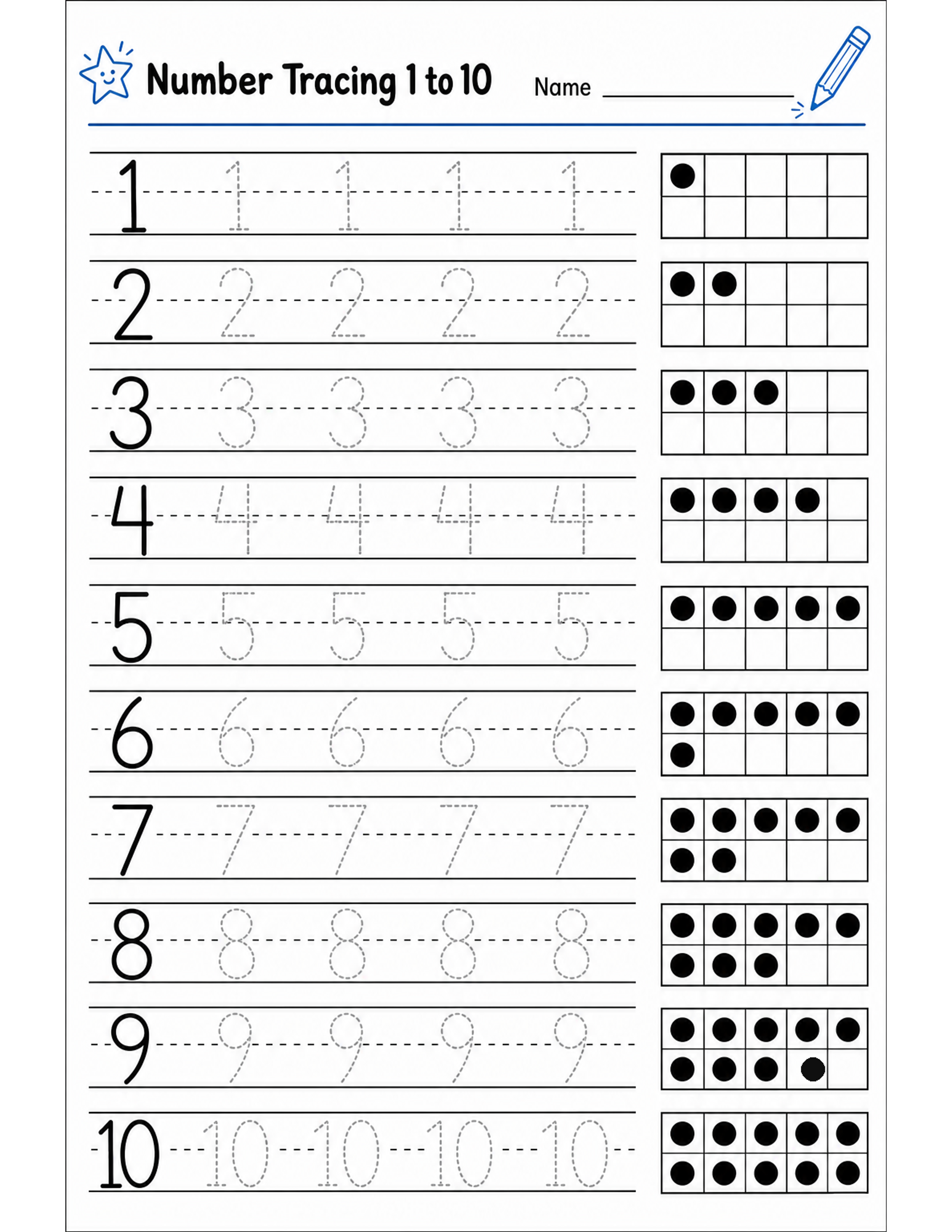 Number tracing, 1 to 10, printable.