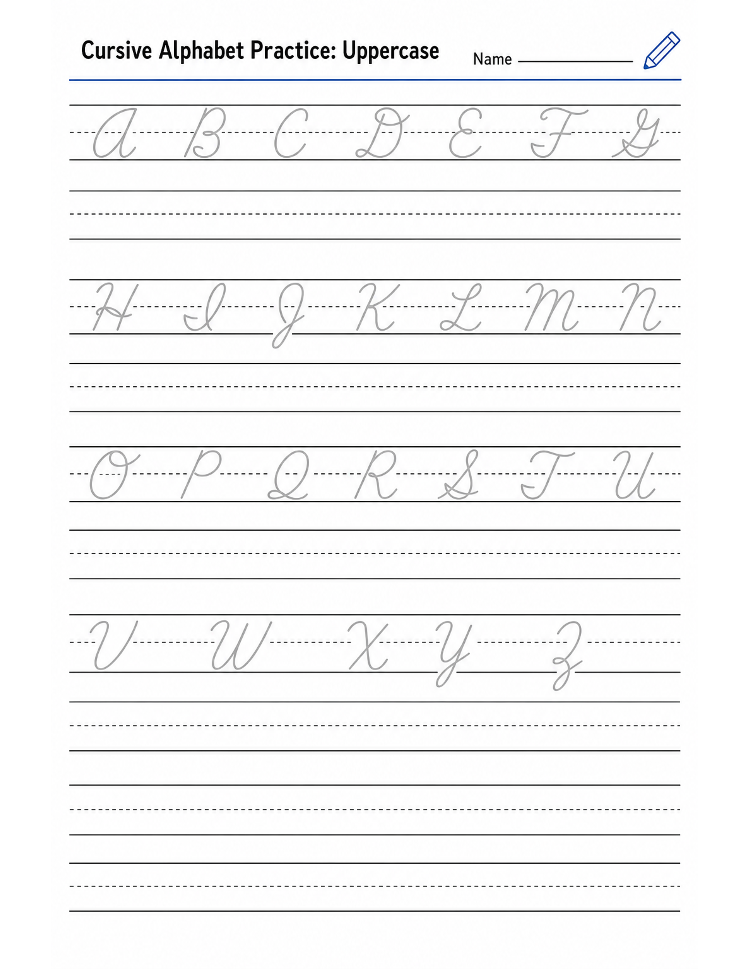 Uppercase cursive alphabet practice.
