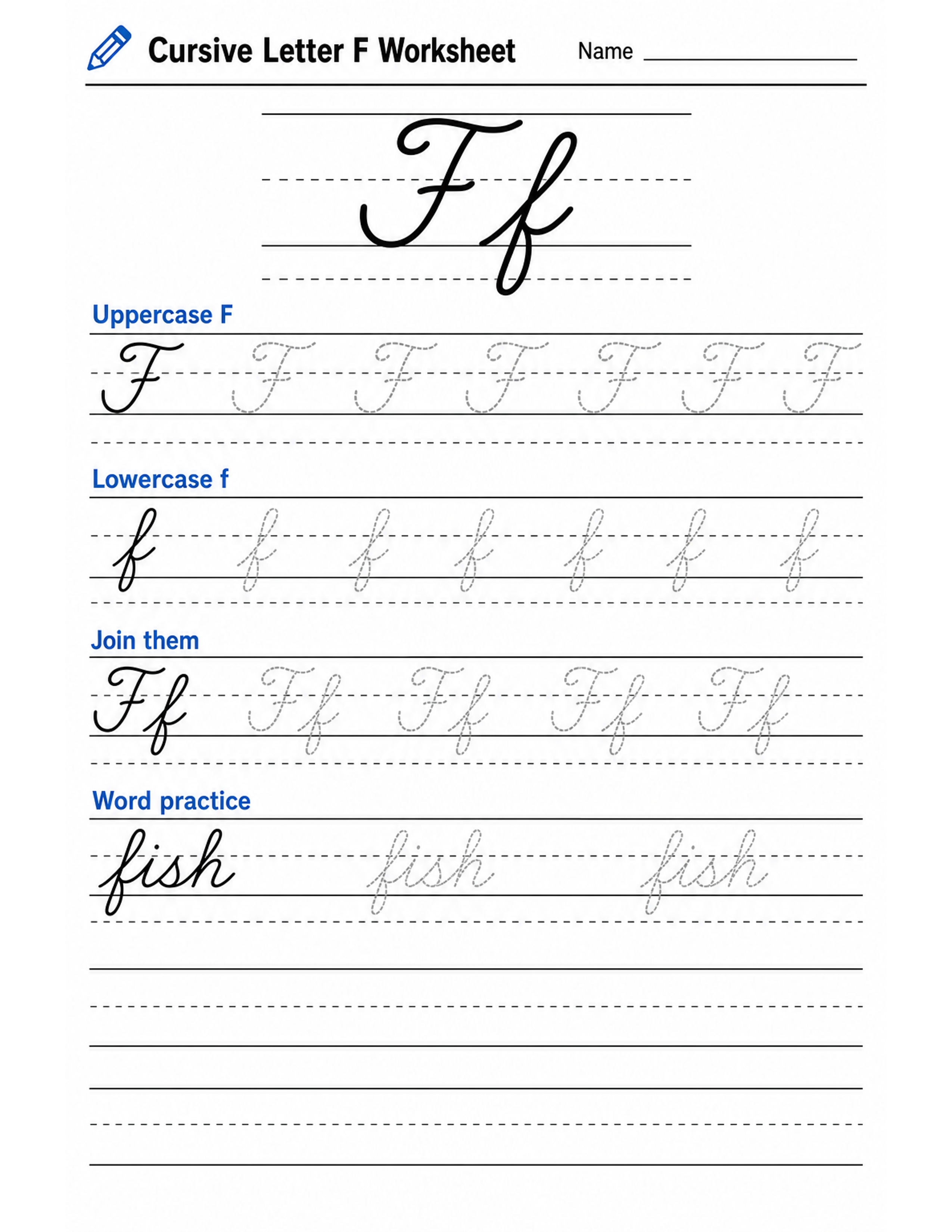 Cursive letter F practice sheet.