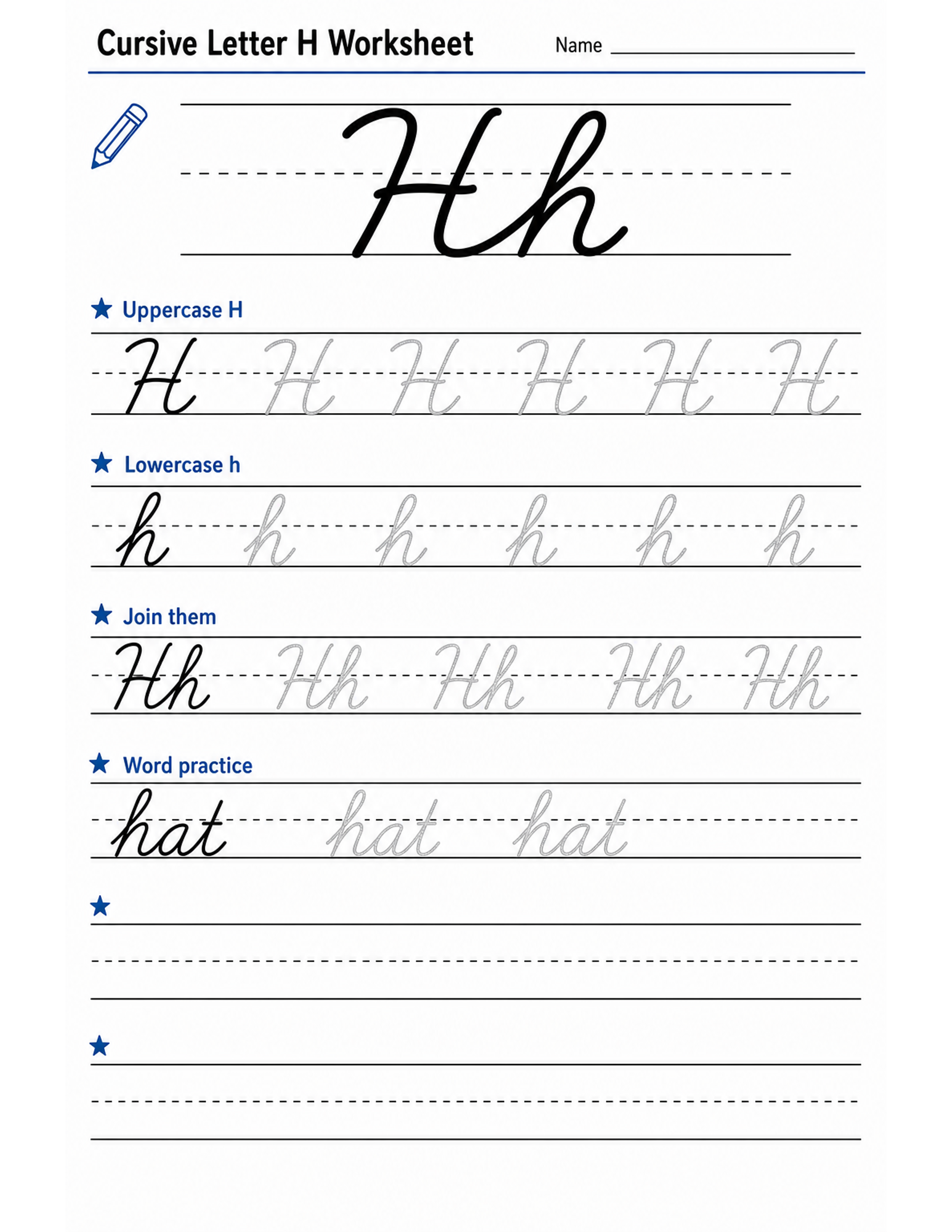 Cursive letter H writing practice.