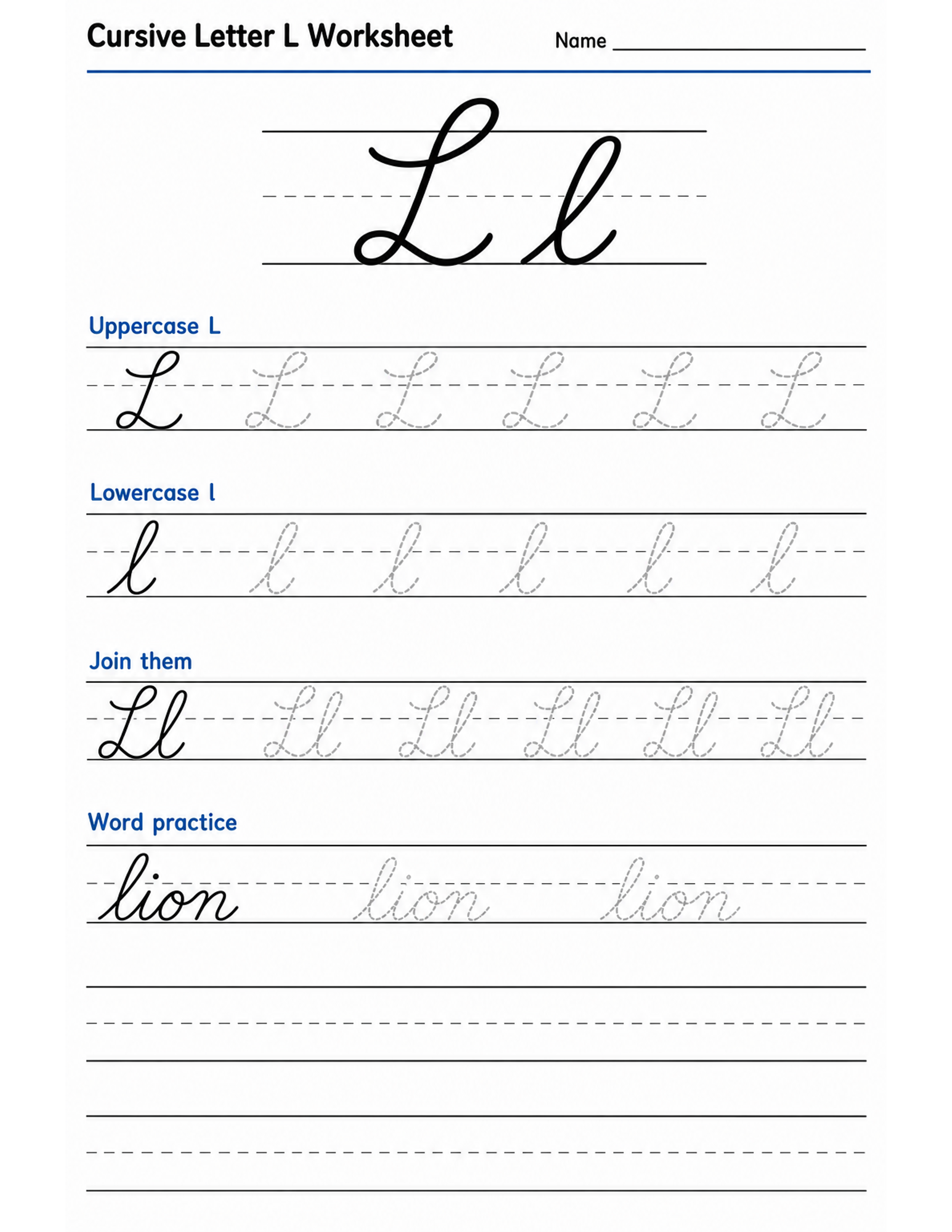 Cursive letter L practice sheet.