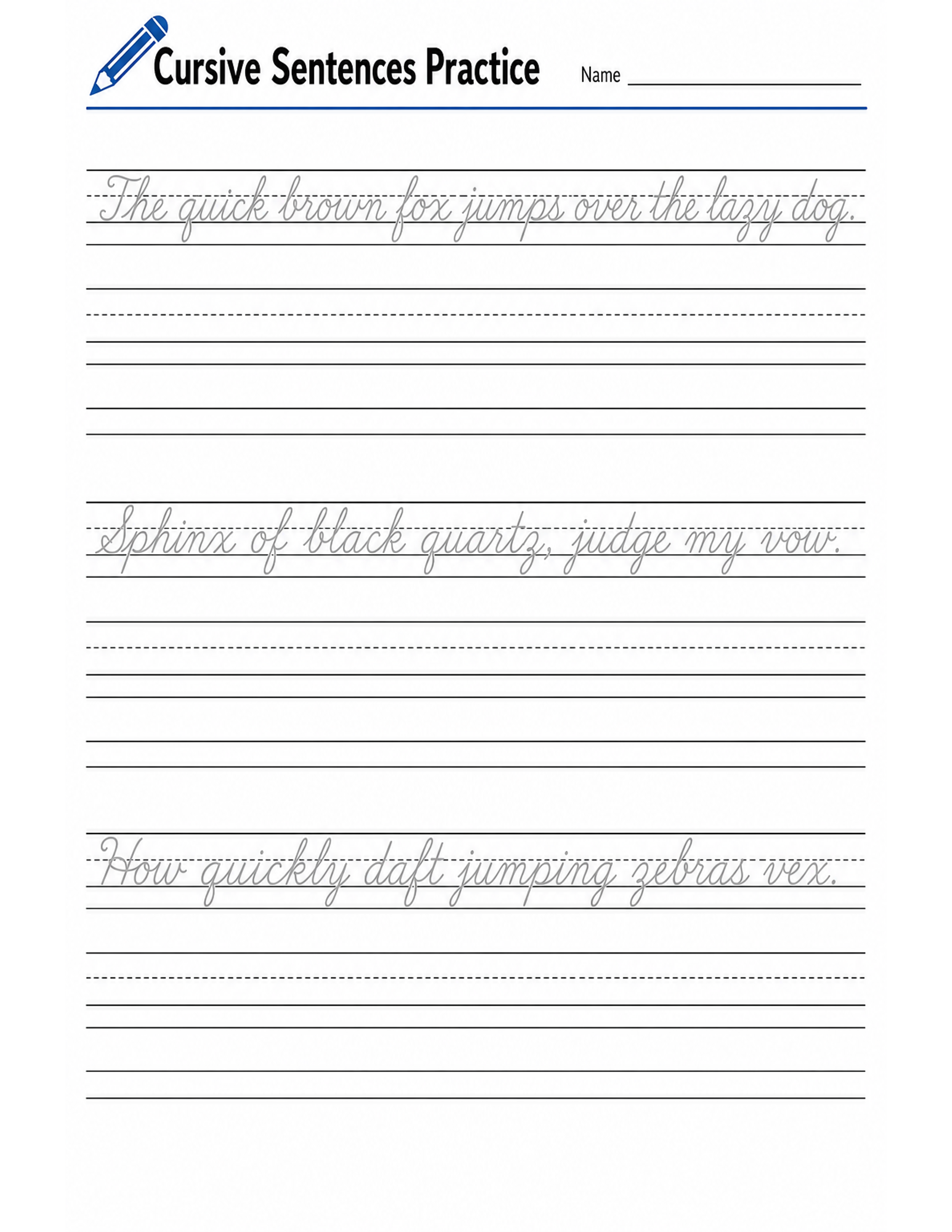 Cursive sentences, a practice PDF worksheet.