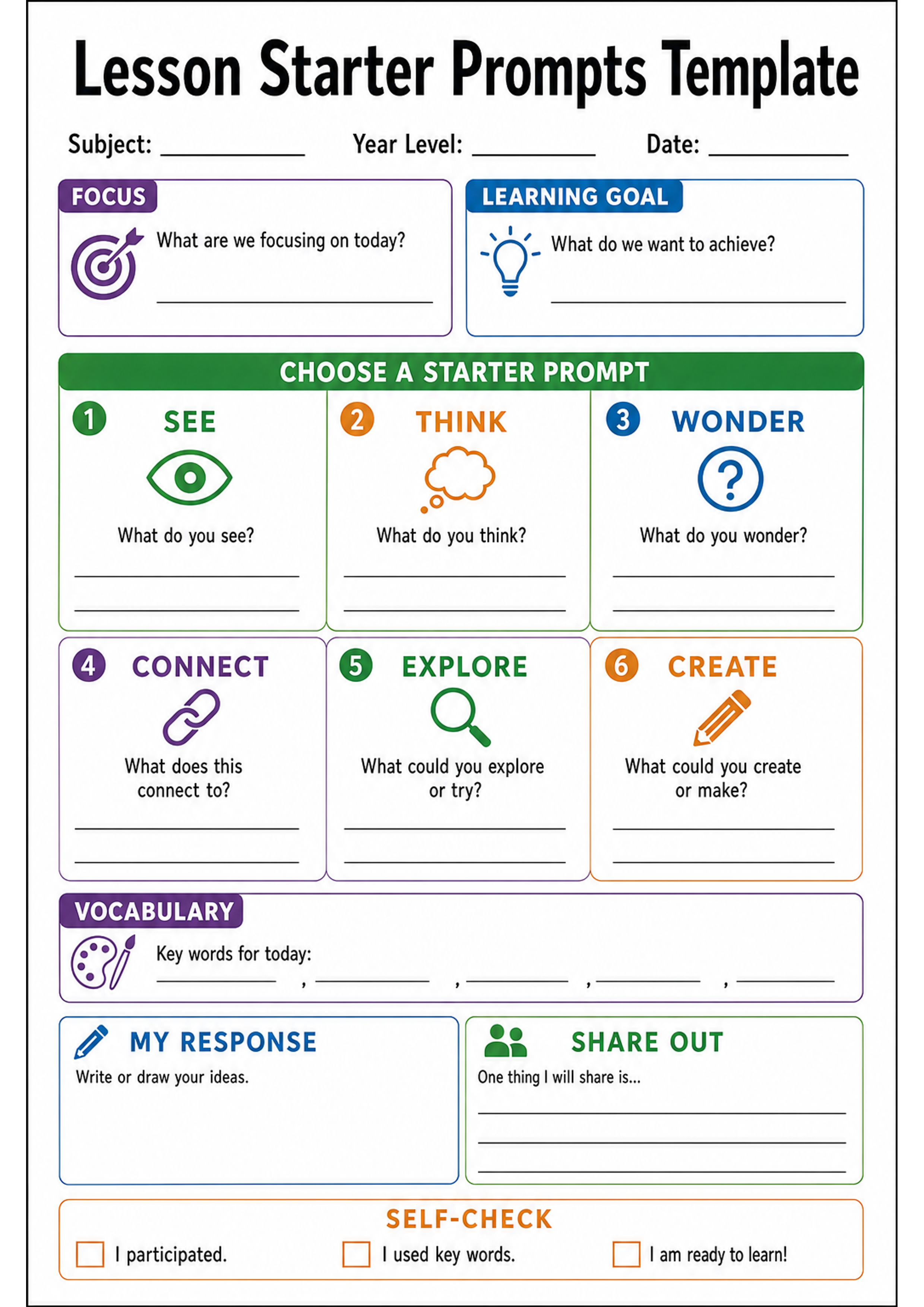 Lesson Starter Prompts Template Printable