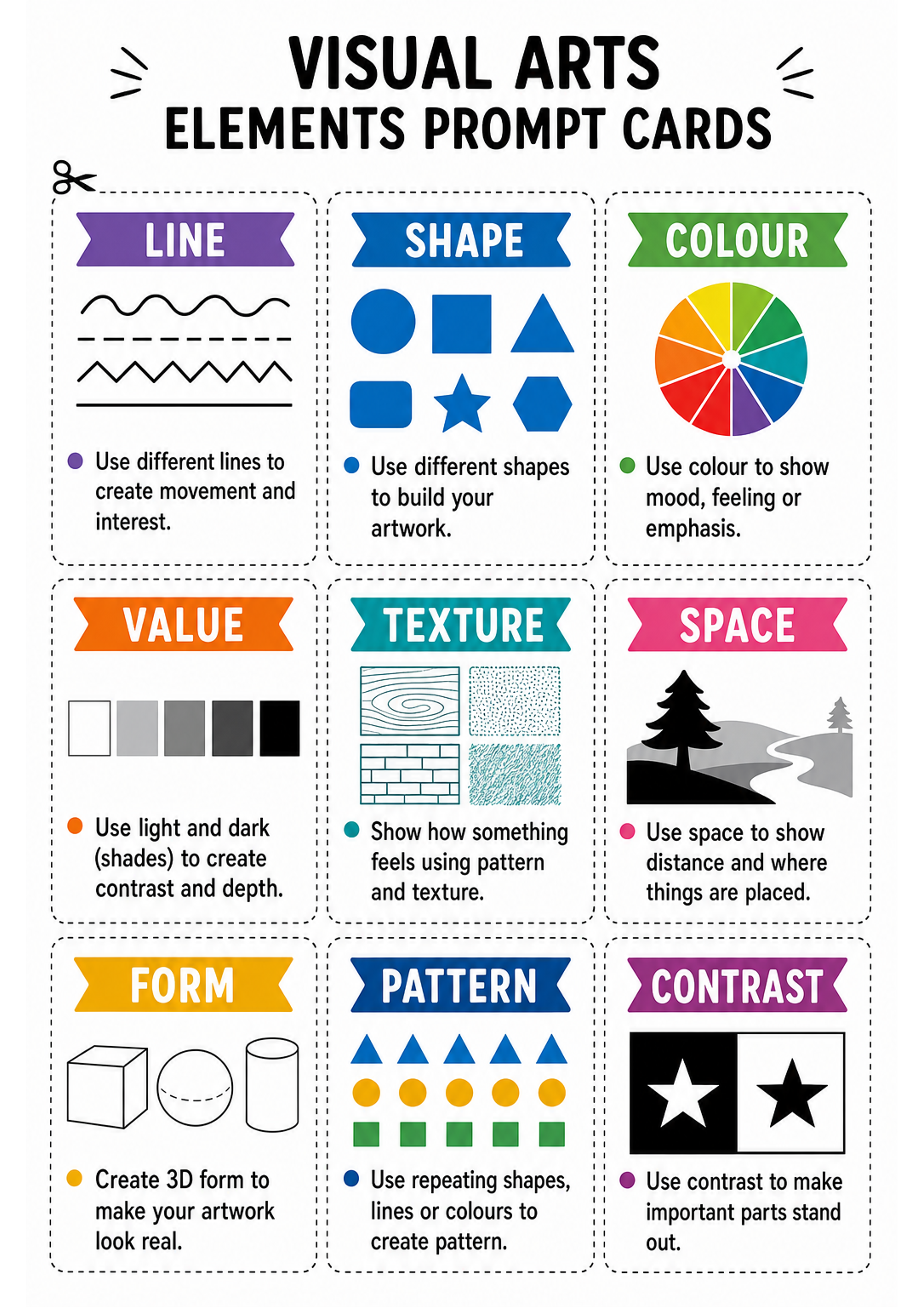 Visual Arts Elements Prompt Cards Printable