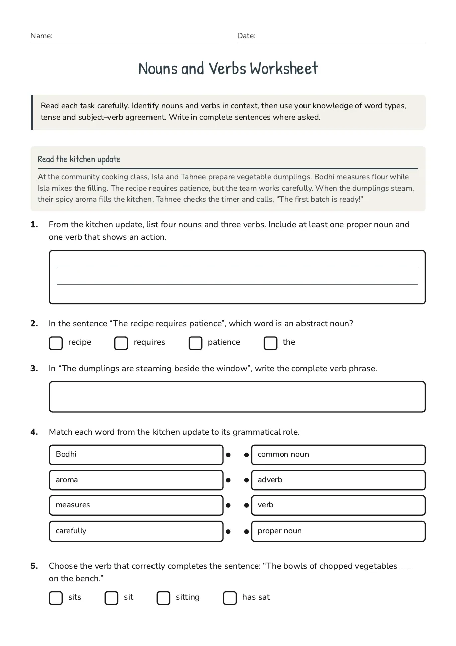Nouns and Verbs Worksheet, page 1 of 2: Read the kitchen update