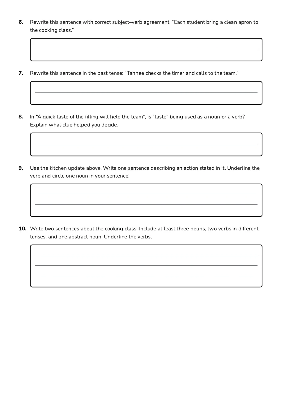 Nouns and Verbs Worksheet, page 2 of 2: 6. Rewrite this sentence with correct subject–verb agreement: “Each student bring a clean…