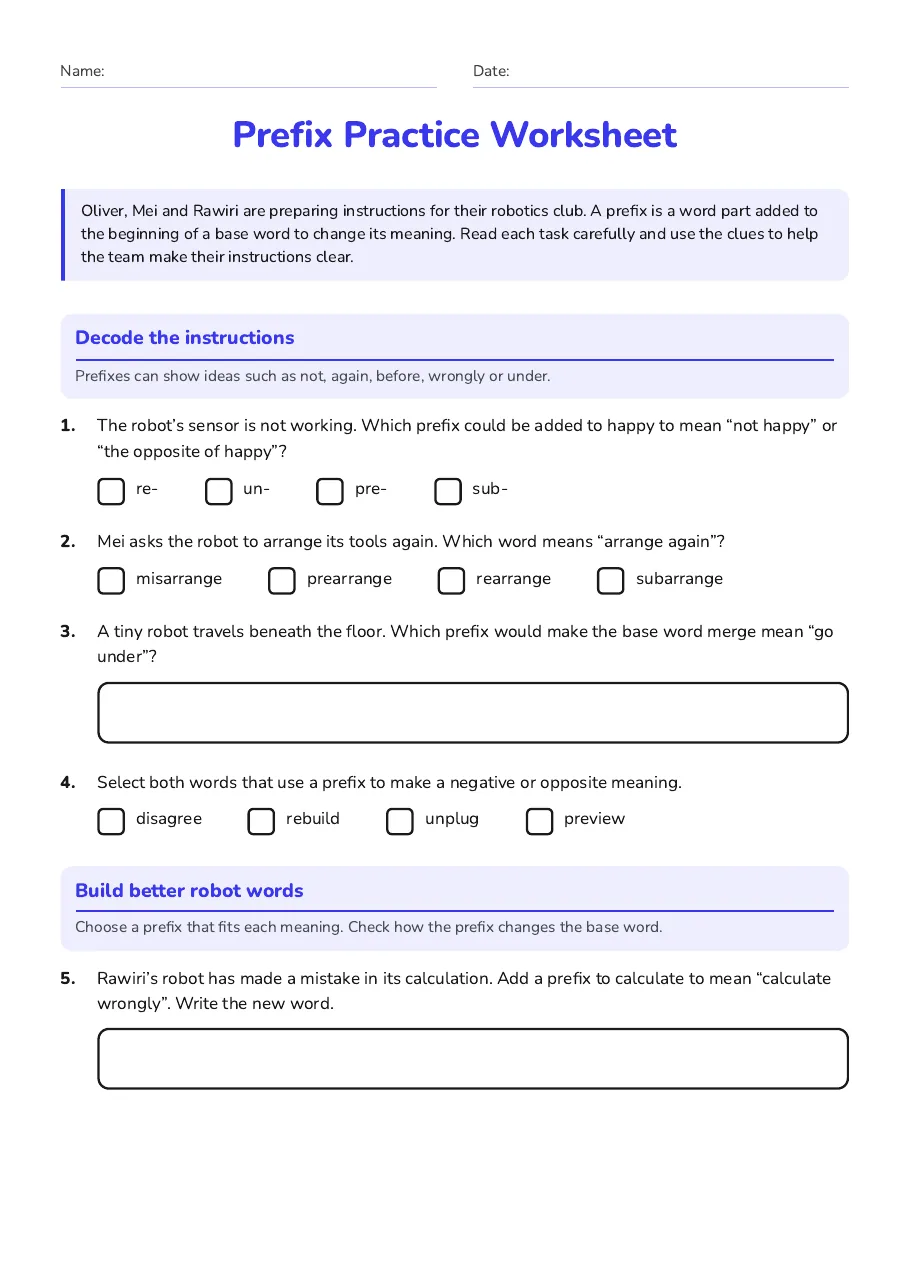 Prefix Practice Worksheet, page 1 of 2: Decode the instructions, Build better robot words