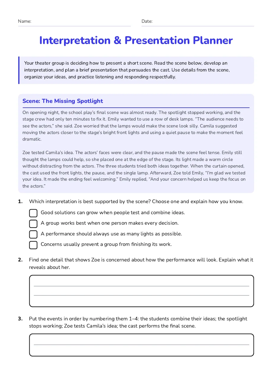 Interpretation & Presentation Planner, page 1 of 3: Scene: The Missing Spotlight