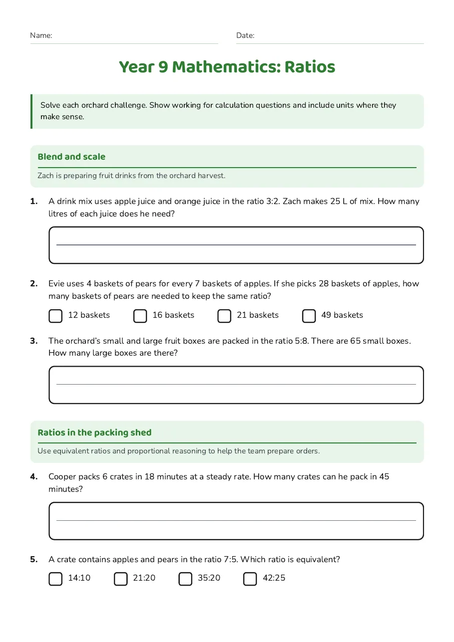 Year 9 Mathematics: Ratios, page 1 of 2: Blend and scale, Ratios in the packing shed