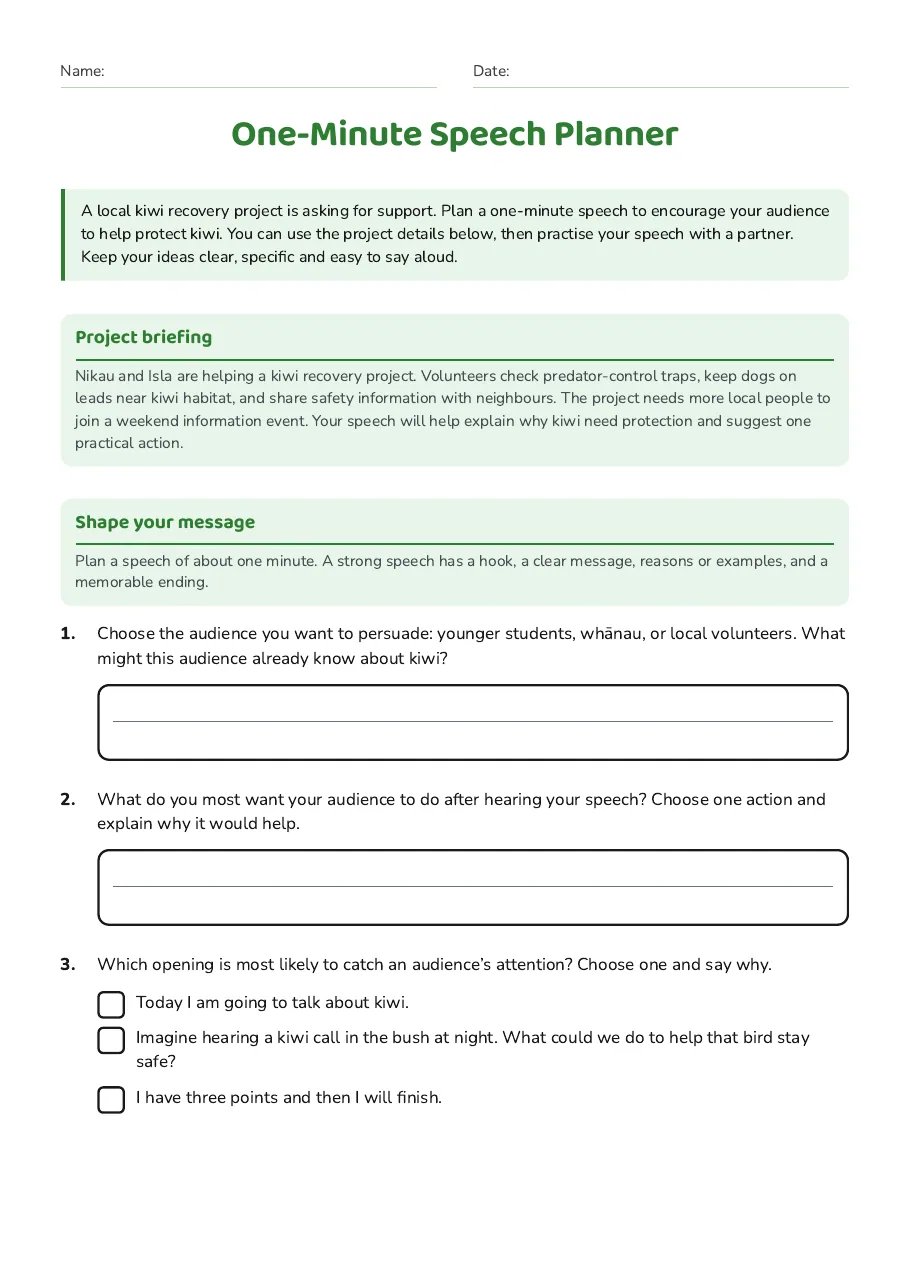 One-Minute Speech Planner, page 1 of 3: Project briefing, Shape your message
