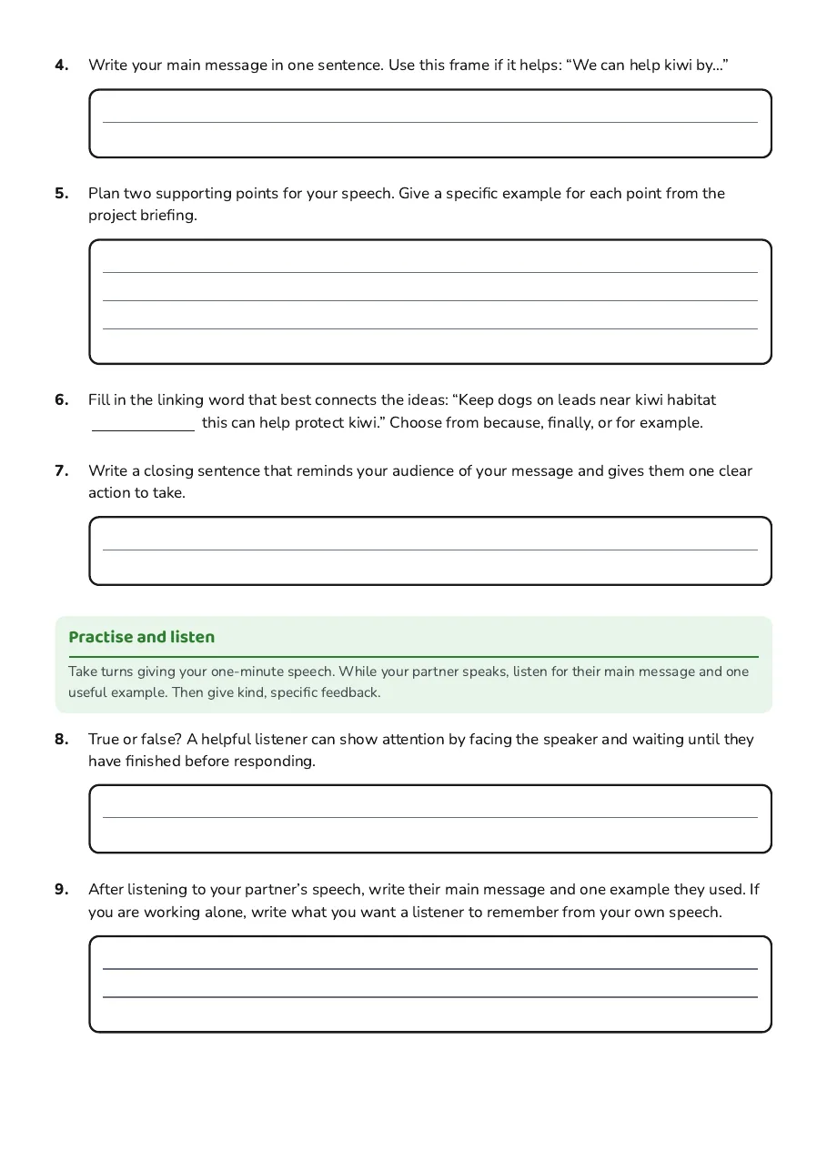 One-Minute Speech Planner, page 2 of 3: Practise and listen