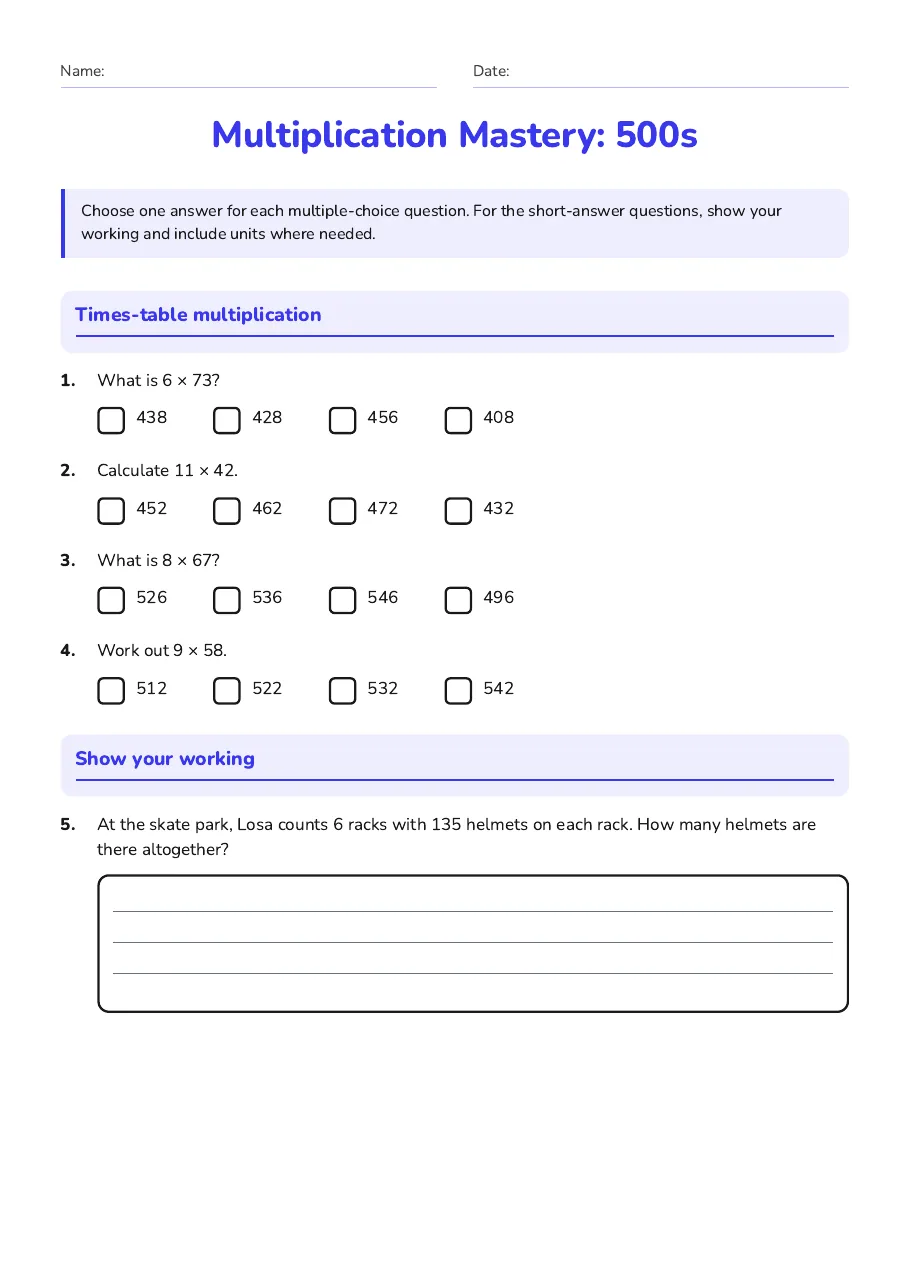 Multiplication Mastery: 500s, page 1 of 2: Times-table multiplication, Show your working