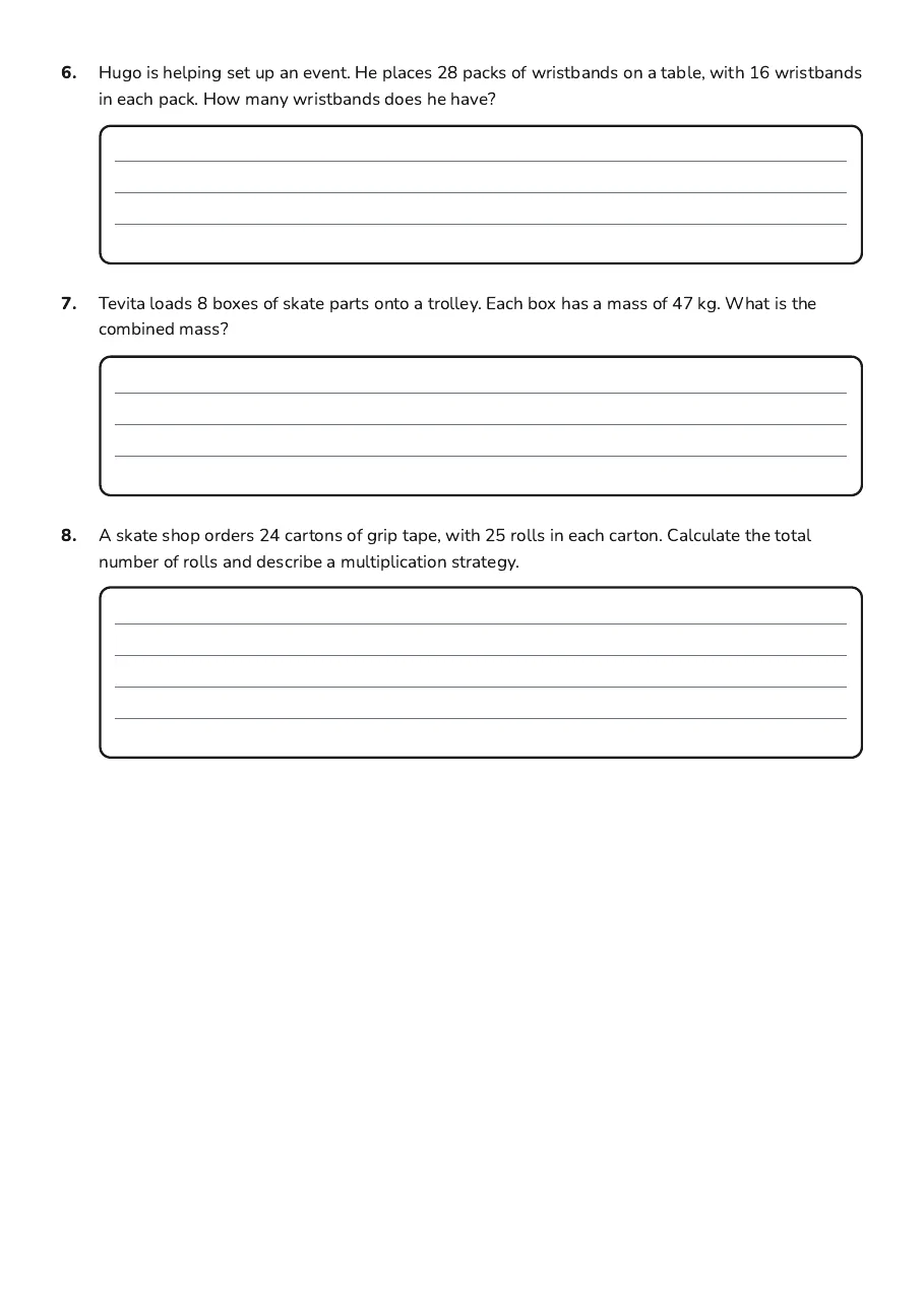Multiplication Mastery: 500s, page 2 of 2: 6. Hugo is helping set up an event. He places 28 packs of wristbands on a table, with 16…