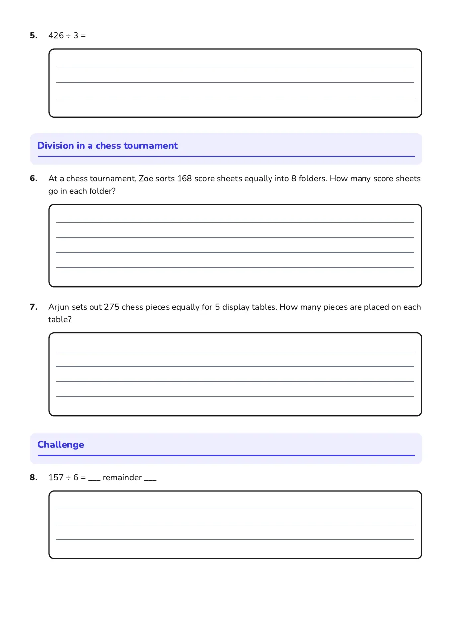 Dividing Larger Numbers Practice, page 2 of 3: Division in a chess tournament, Challenge