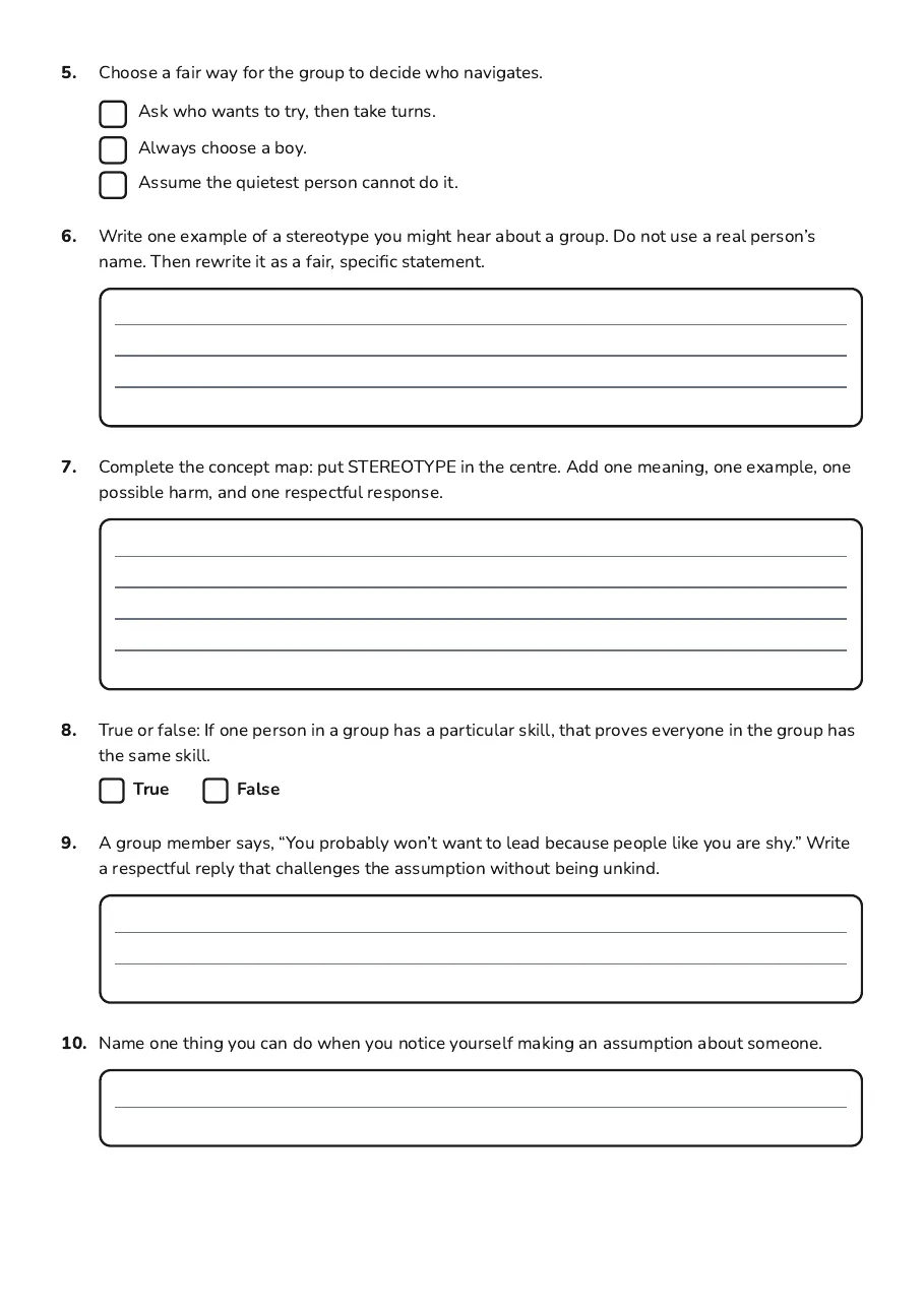 Stereotype Concept Map, page 2 of 2: 5. Choose a fair way for the group to decide who navigates.