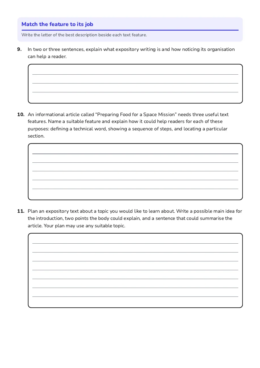 Students match common text features with their purposes and plan an original expository text.