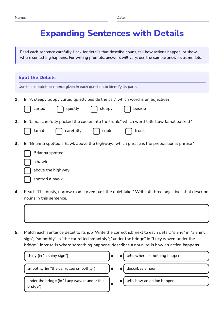 Expanding Sentences with Details, page 1 of 3: Spot the Details