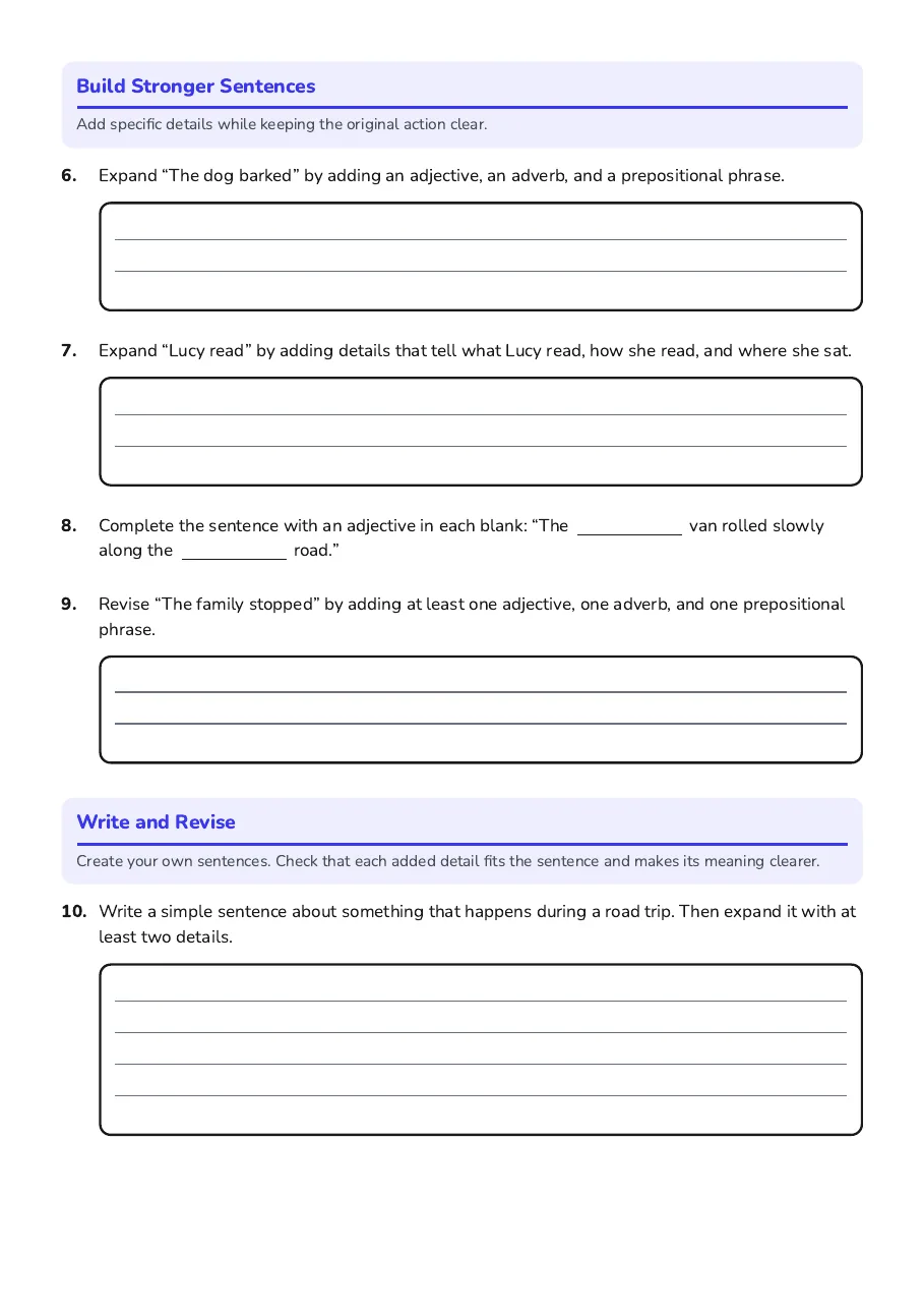Expanding Sentences with Details, page 2 of 3: Build Stronger Sentences, Write and Revise