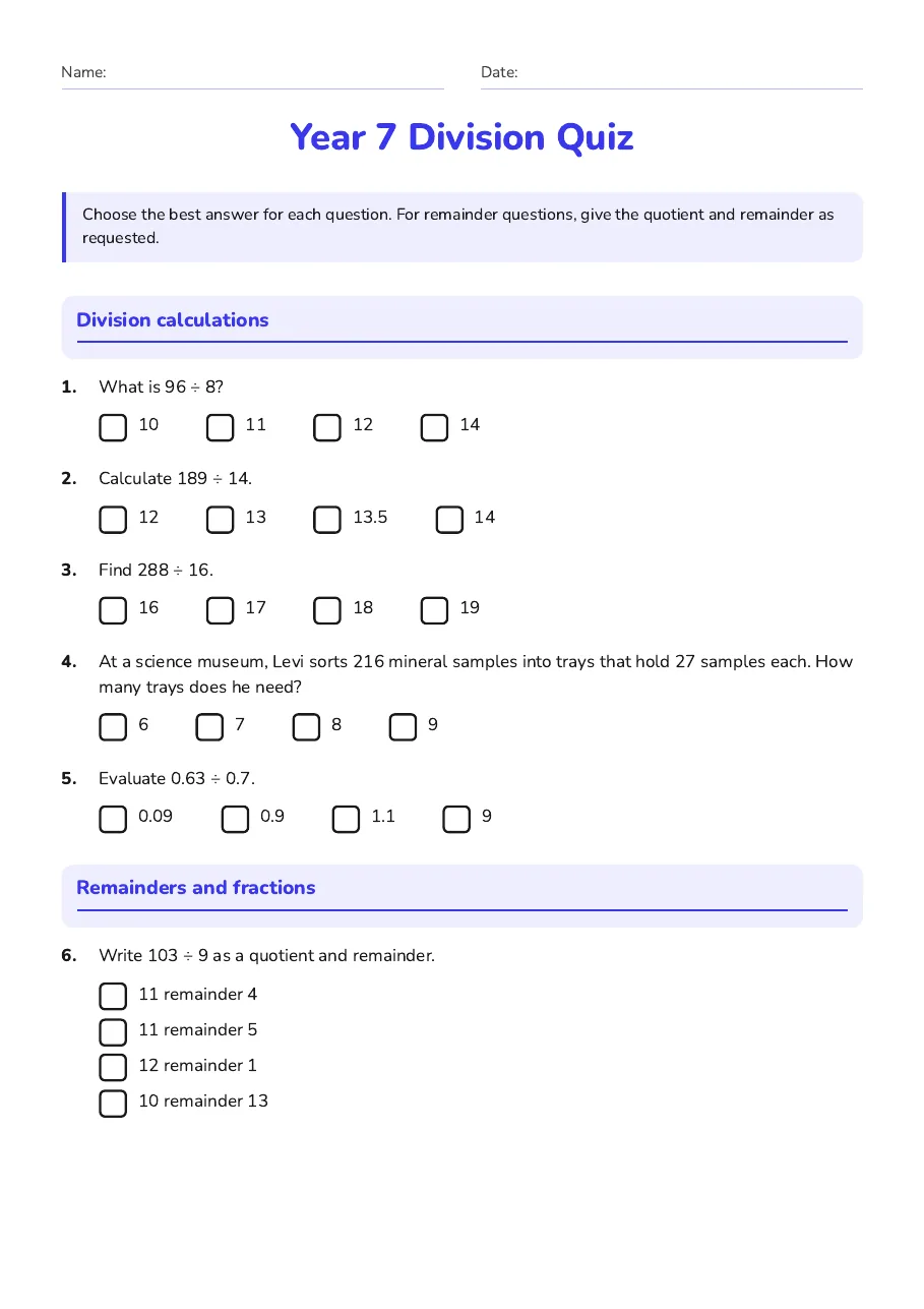 Year 7 Division Quiz, page 1 of 2: Division calculations, Remainders and fractions