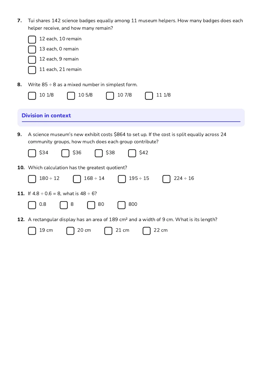 Year 7 Division Quiz, page 2 of 2: Division in context