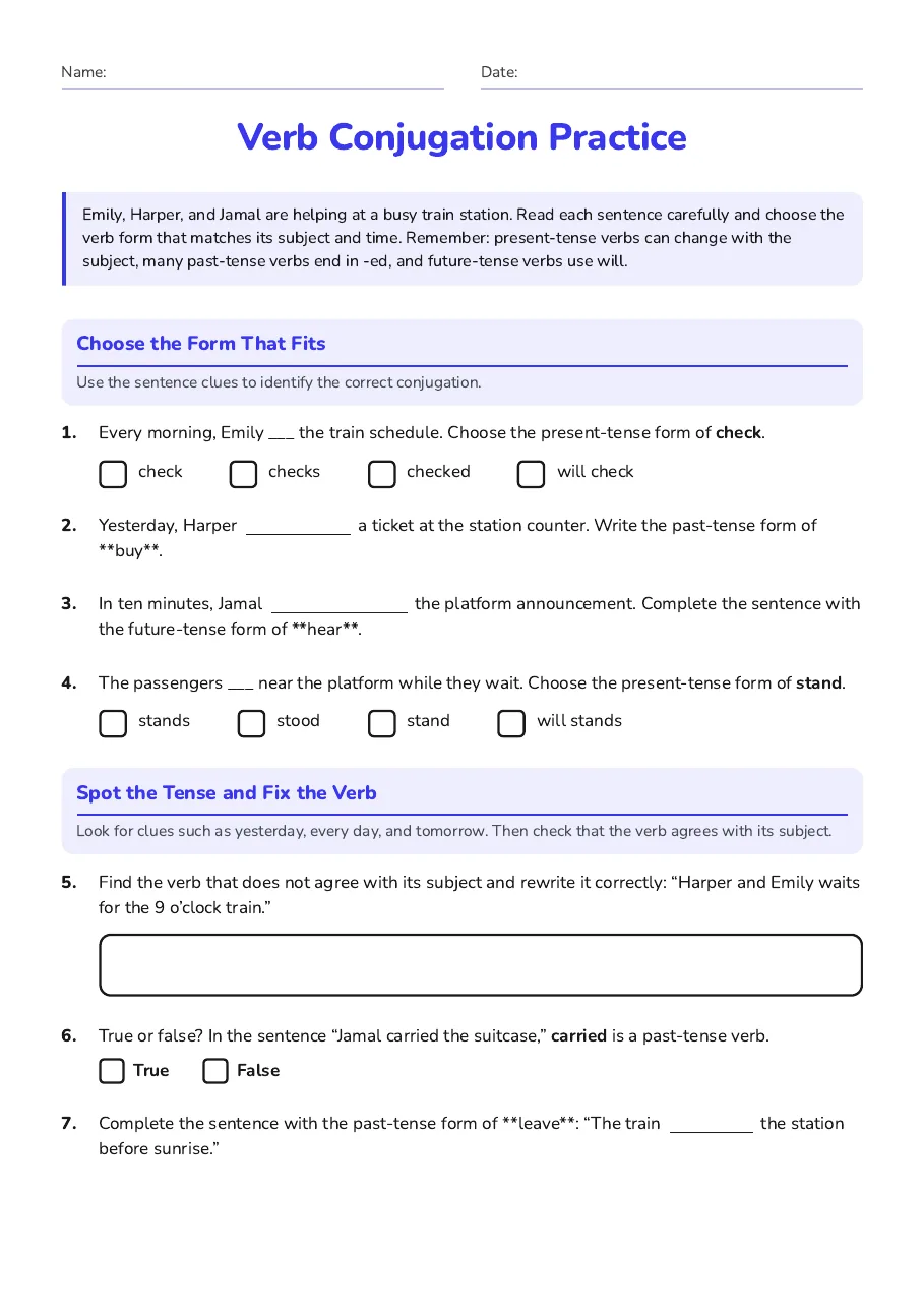Verb Conjugation Practice, page 1 of 2: Choose the Form That Fits, Spot the Tense and Fix the Verb