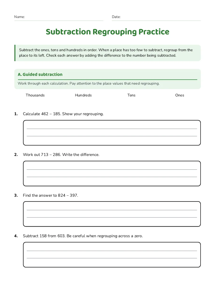 Place-value regrouping organiser and guided three-digit subtraction practice.