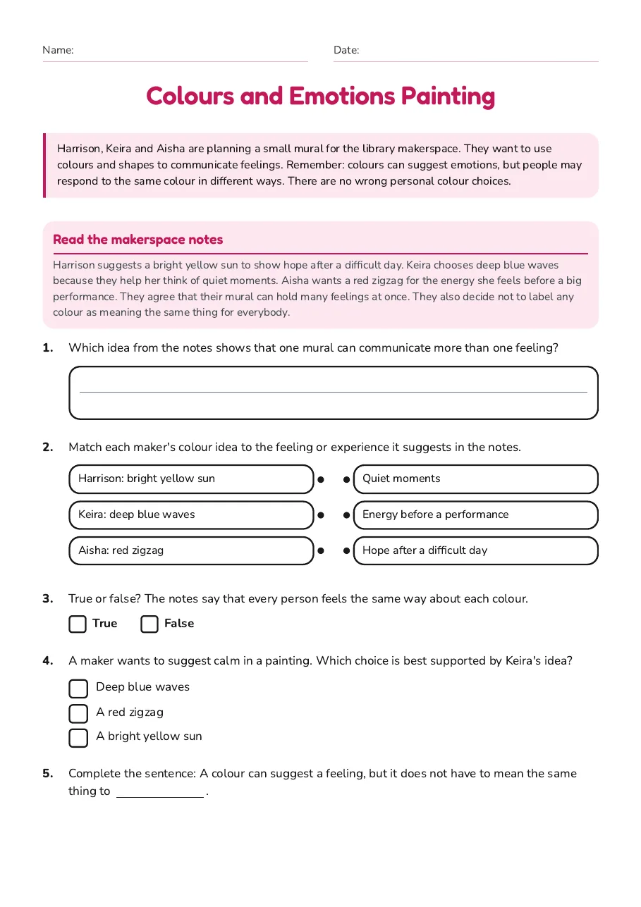 Colours and Emotions Painting, page 1 of 2: Read the makerspace notes