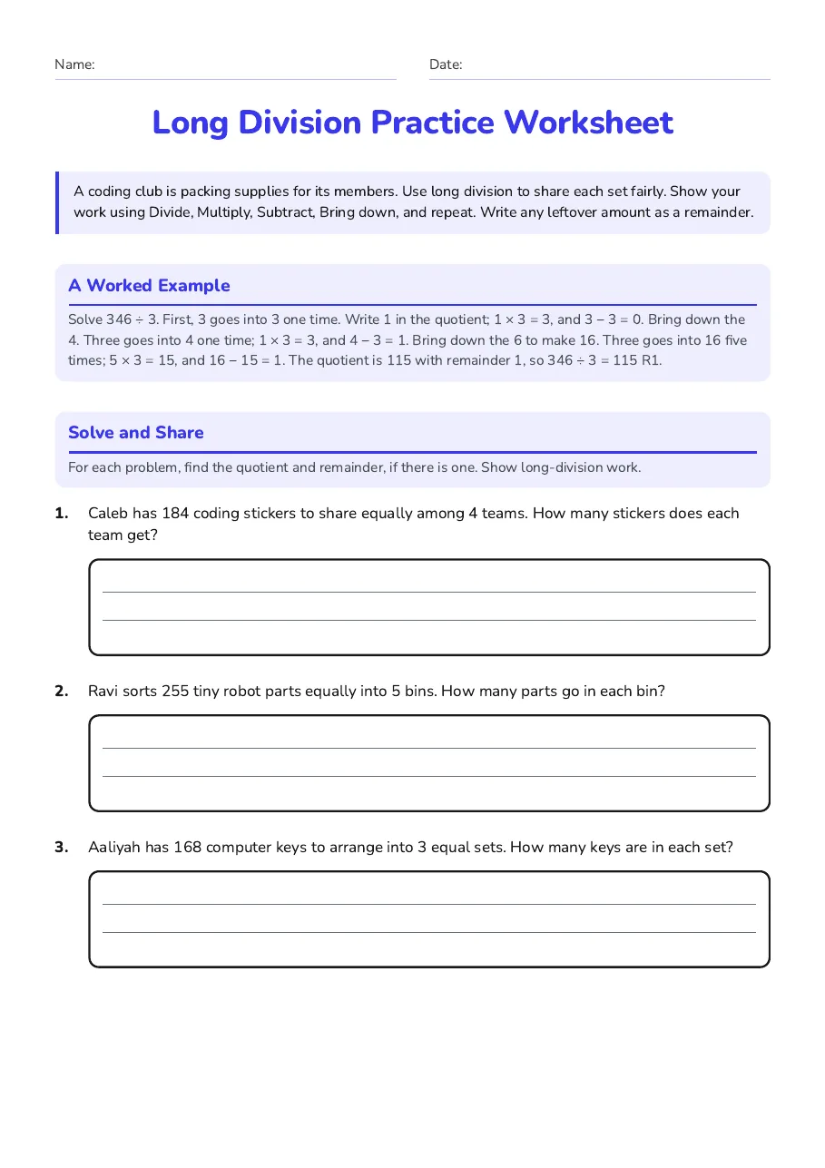 Long Division Practice Worksheet, page 1 of 3: A Worked Example, Solve and Share