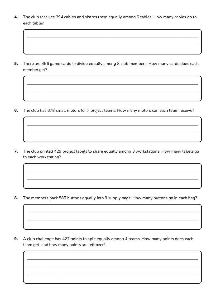 Long Division Practice Worksheet, page 2 of 3: 4. The club receives 294 cables and shares them equally among 6 tables. How many cables…