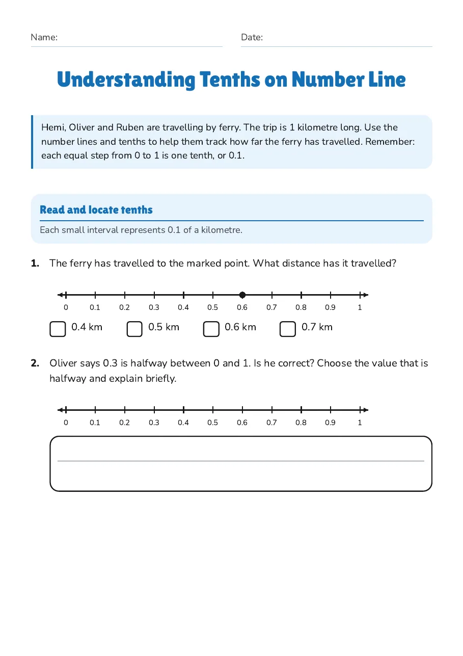 Understanding Tenths on Number Line, page 1 of 4: Read and locate tenths