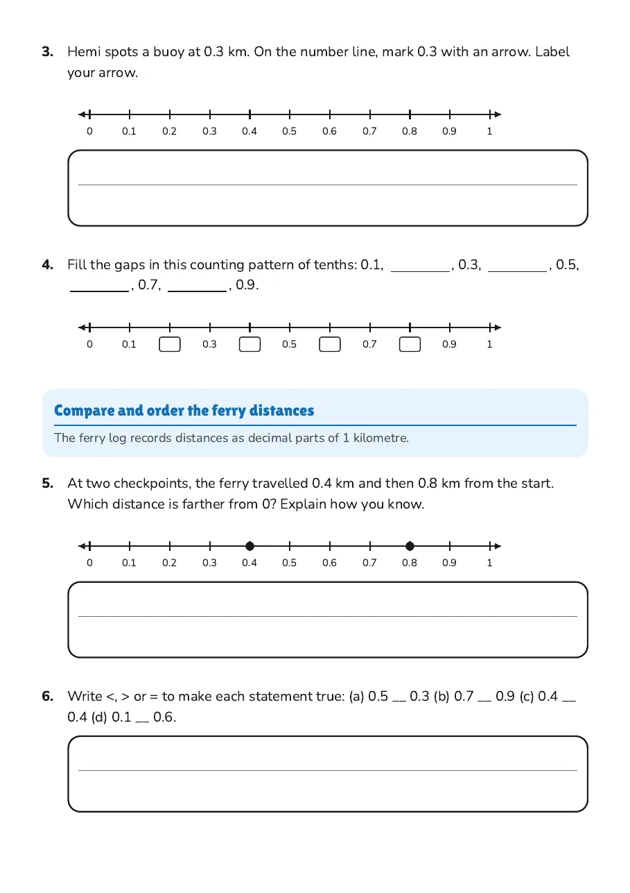 Understanding Tenths on Number Line, page 2 of 4: Compare and order the ferry distances