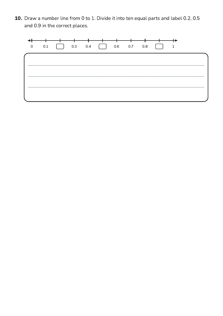 Understanding Tenths on Number Line, page 4 of 4: 10. Draw a number line from 0 to 1. Divide it into ten equal parts and label 0.2, 0.5