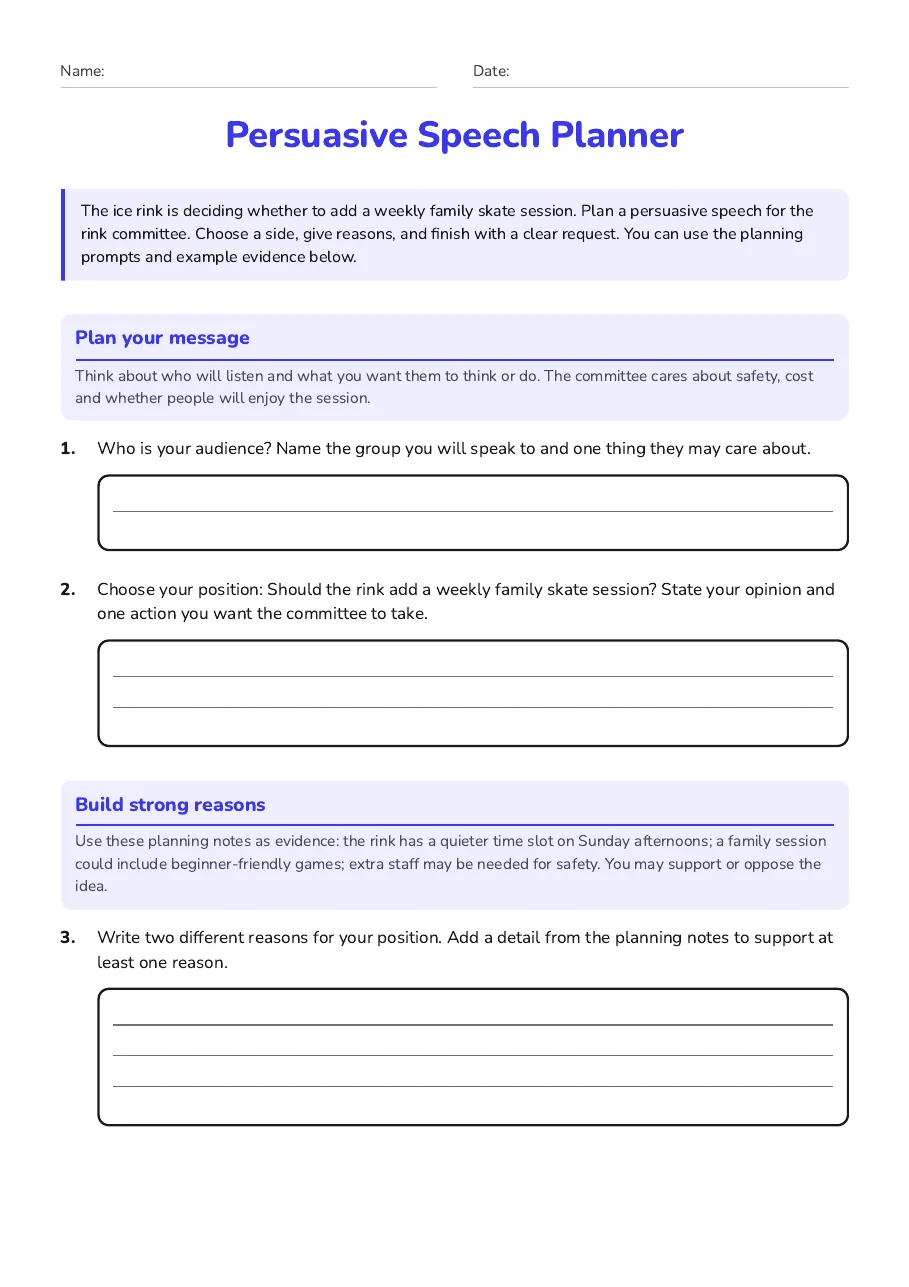 Persuasive Speech Planner, page 1 of 3: Plan your message, Build strong reasons