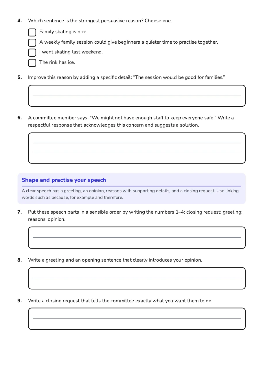 Persuasive Speech Planner, page 2 of 3: Shape and practise your speech