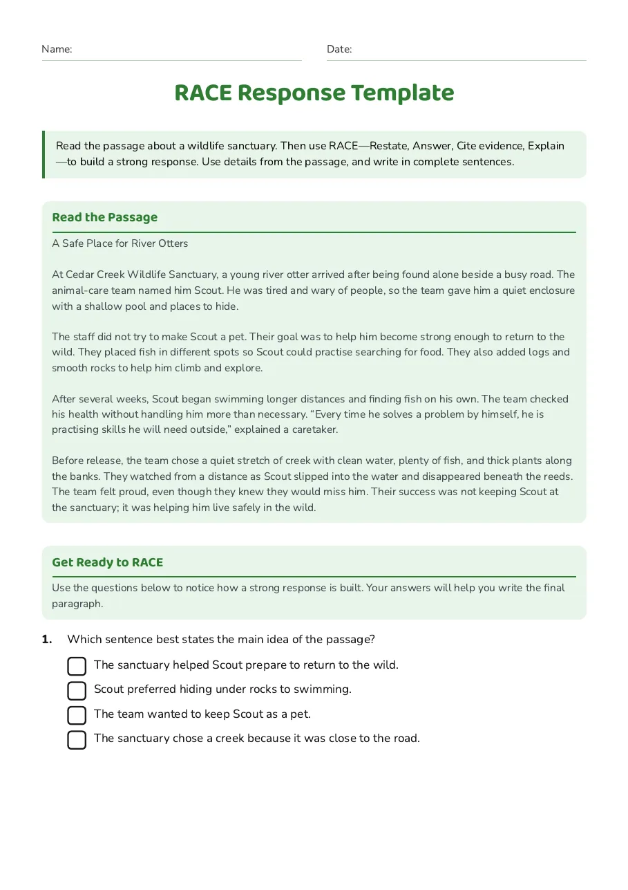 RACE Response Template, page 1 of 3: Read the Passage, Get Ready to RACE