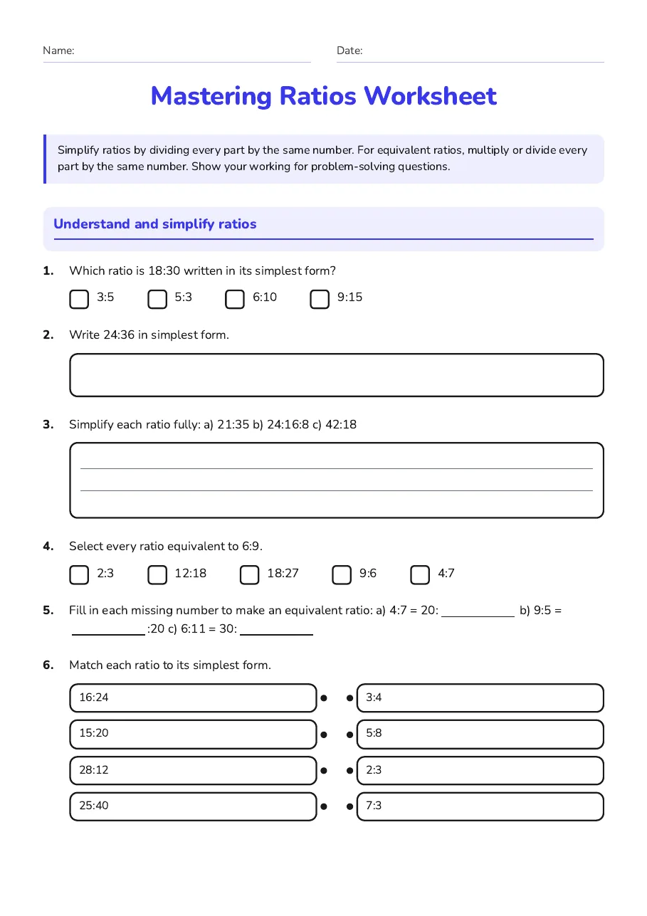 Mastering Ratios Worksheet, page 1 of 3: Understand and simplify ratios