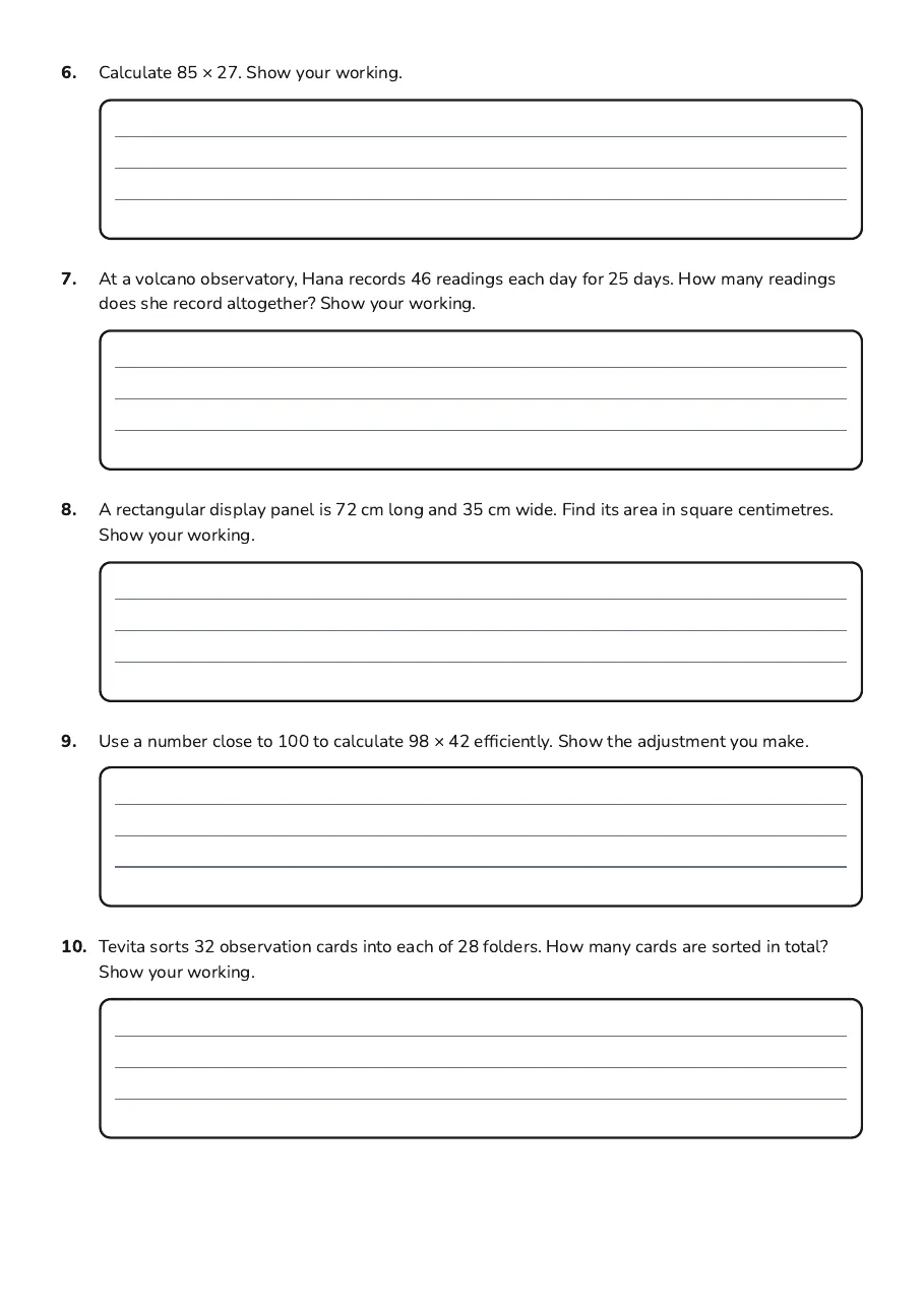 Two-Digit Multiplication Practice, page 2 of 3: 6. Calculate 85 × 27. Show your working.